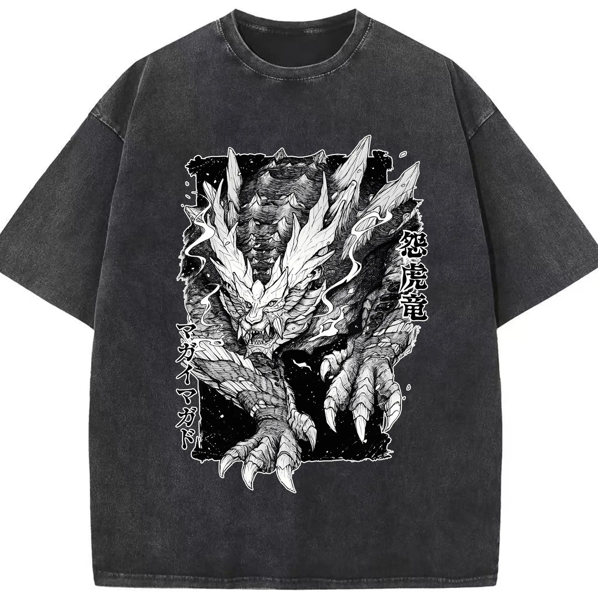 ミラボレアス 空中突進シーン ド迫力デザイン - 綿100％ ヴィンテージ風 半袖Tシャツ ・ フロントプリント ・ 柔らか肌触り ・ 通気性 快適 ・ スポーツ カジュアル 外出用