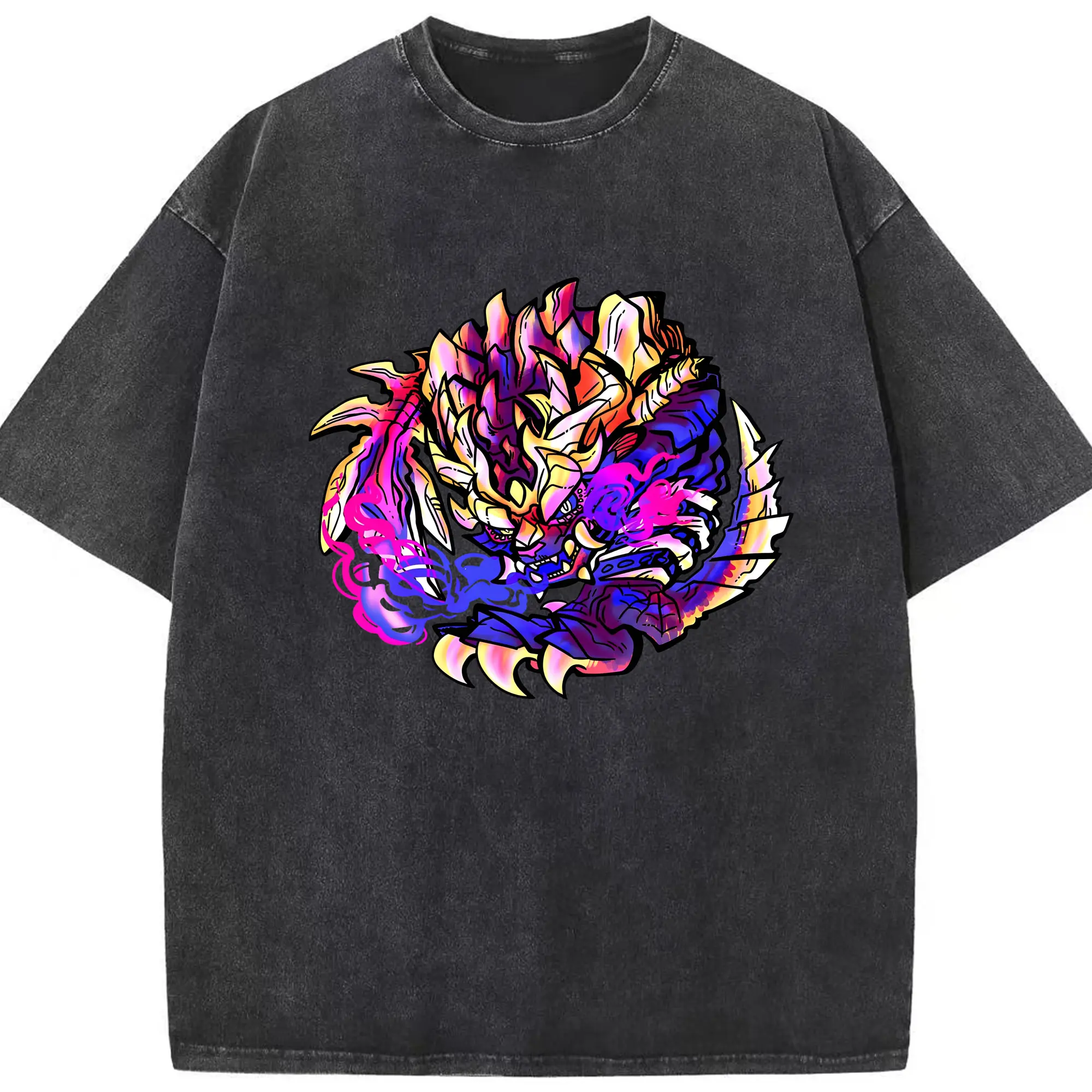 モンスターハンター マガイマガド 怒り咆哮デザイン - 綿100％ ヴィンテージ風 半袖Tシャツ ・ フロントプリント ・ 柔らか肌触り ・ 通気性 快適 ・ スポーツ カジュアル 外出用