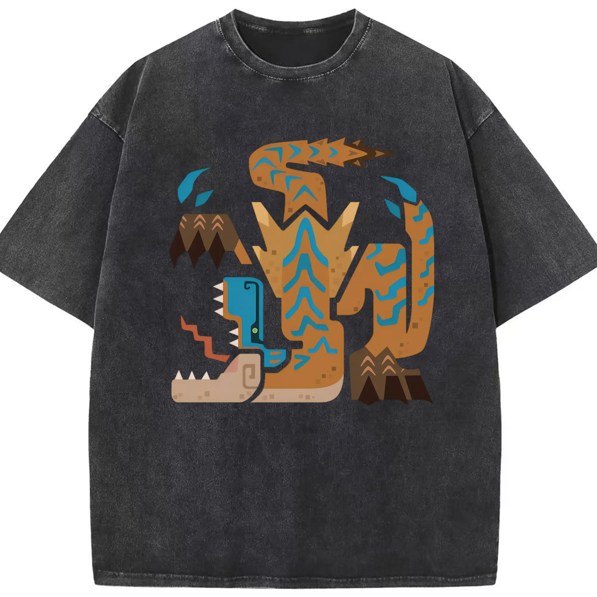 ティガレックス ハンター必見！迫力満点モンハン - 綿100％ ヴィンテージ風 半袖Tシャツ ・ フロントプリント ・ 柔らか肌触り ・ 通気性 快適 ・ スポーツ カジュアル 外出用