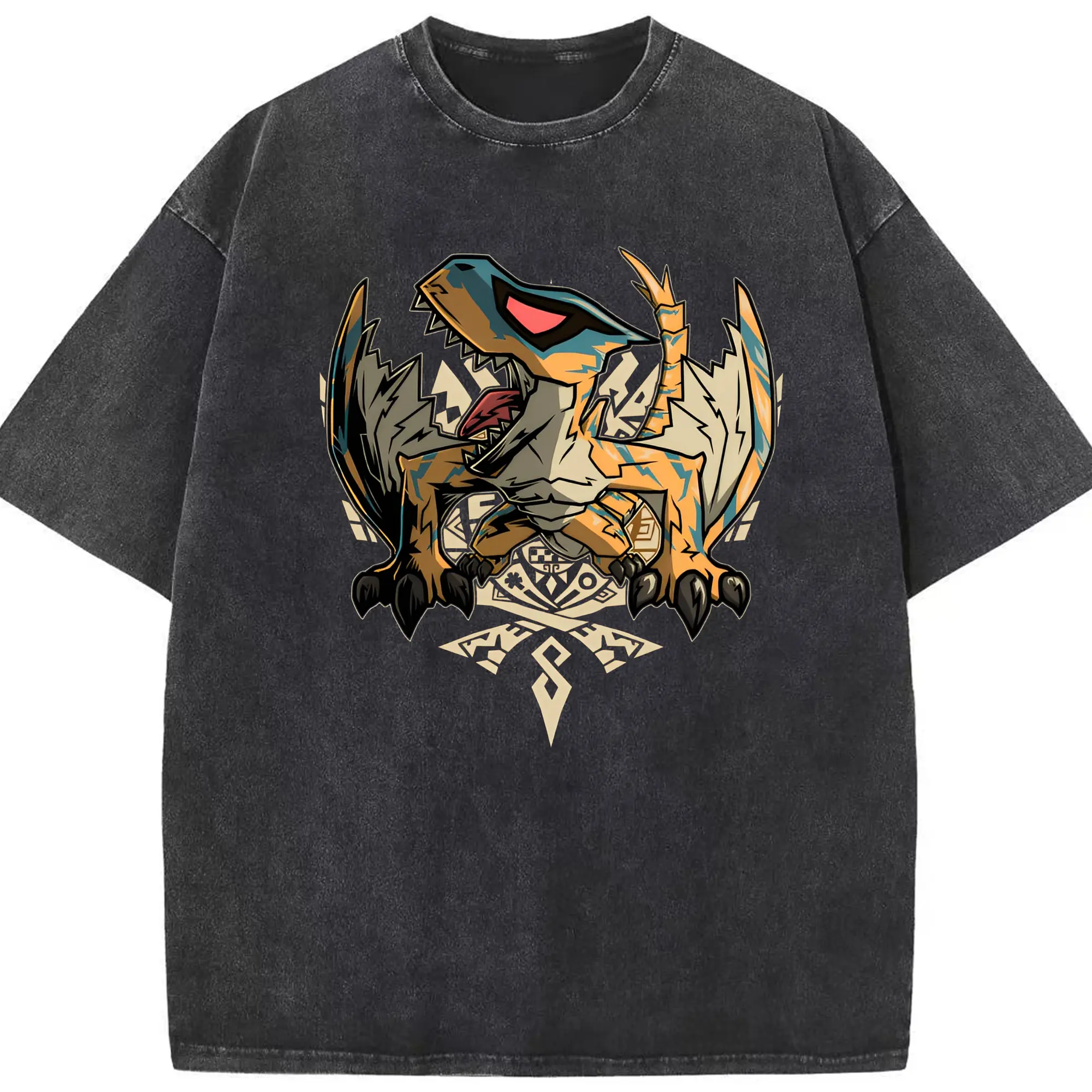 モンスターハンター人気モンスター ティガレックス 限定 - 綿100％ ヴィンテージ風 半袖Tシャツ ・ フロントプリント ・ 柔らか肌触り ・ 通気性 快適 ・ スポーツ カジュアル 外出用
