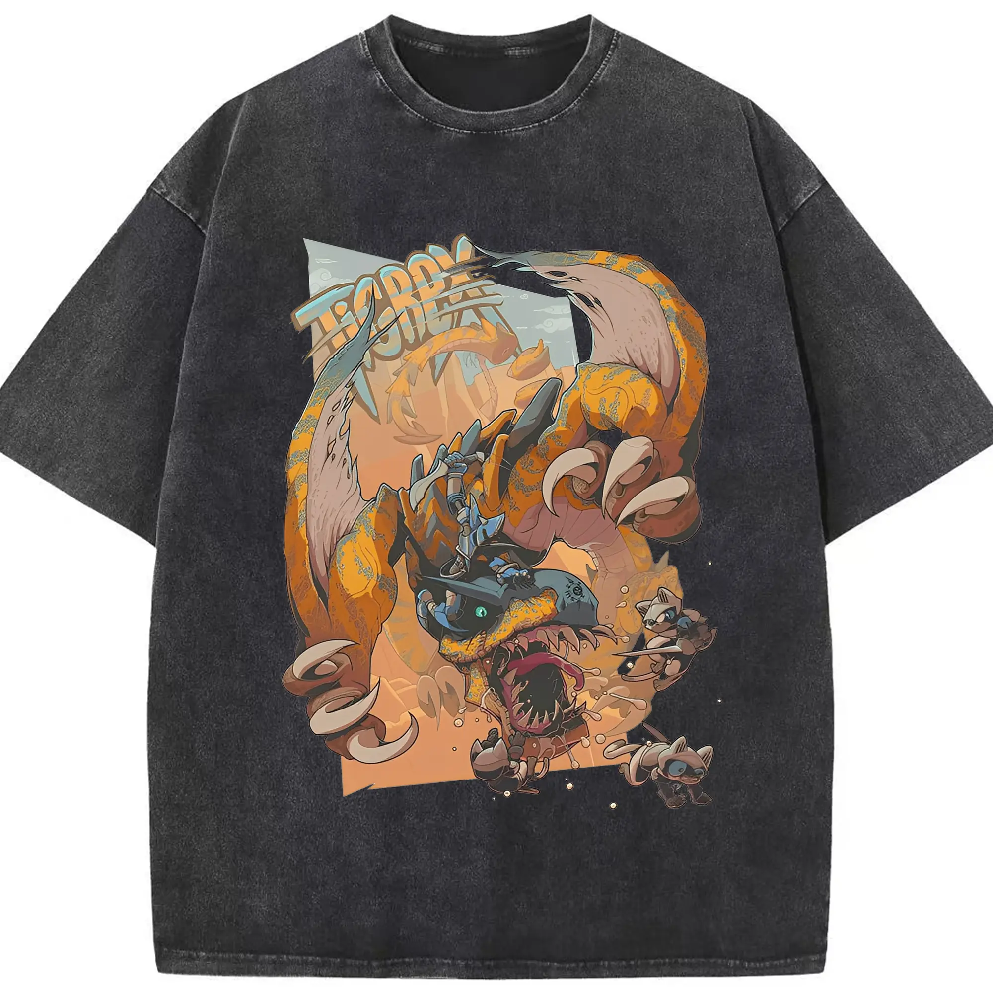 怒涛の突進！ティガレックス ド迫力プリント - 綿100％ ヴィンテージ風 半袖Tシャツ ・ フロントプリント ・ 柔らか肌触り ・ 通気性 快適 ・ スポーツ カジュアル 外出用