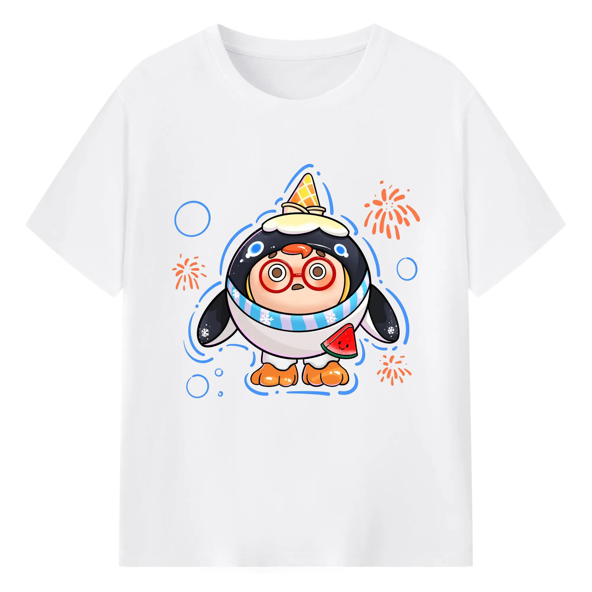 タマゴパーティー アイスクリームペンギン 限定 - 綿100％ 半袖Tシャツ ・ フロントプリント ・ 快適 通気性 ・ 日常使い 散歩 スポーツ用
