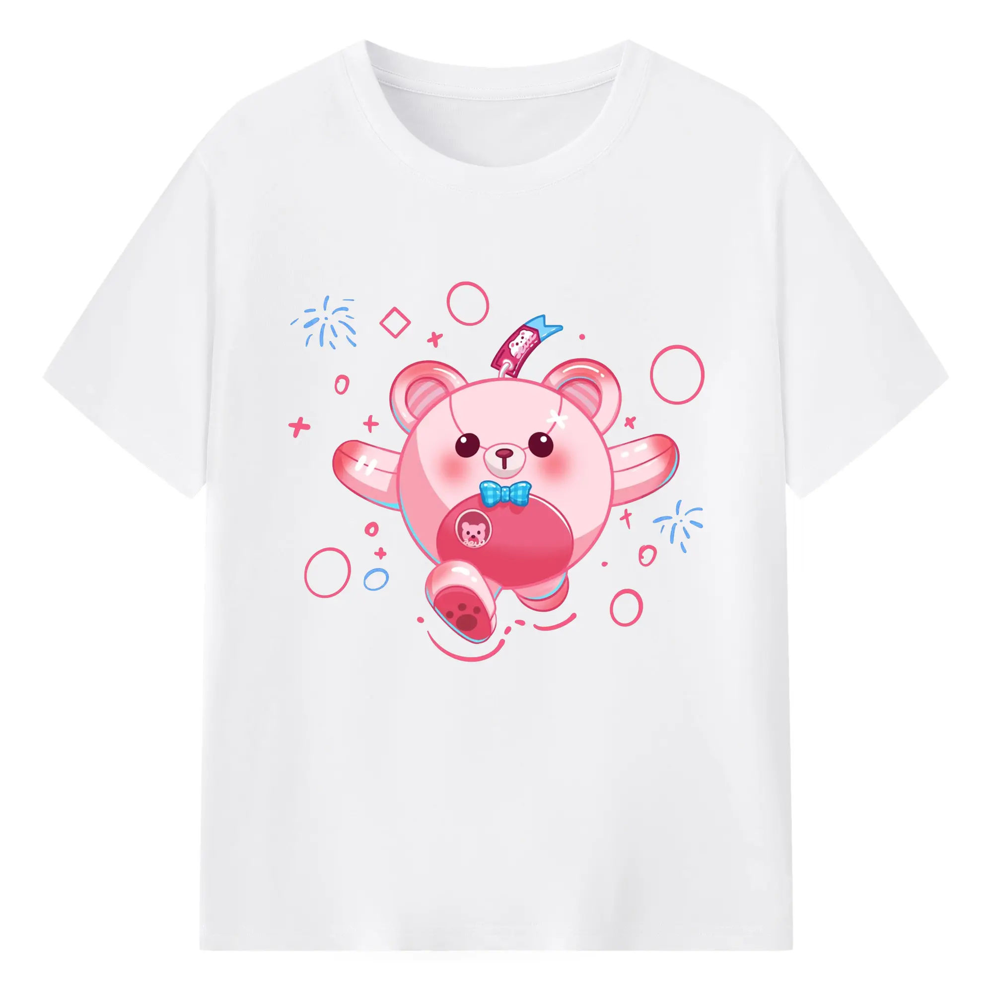 蛋仔派对粉色小熊可爱 - 綿100％ 半袖Tシャツ ・ フロントプリント ・ 快適 通気性 ・ 日常使い 散歩 スポーツ用