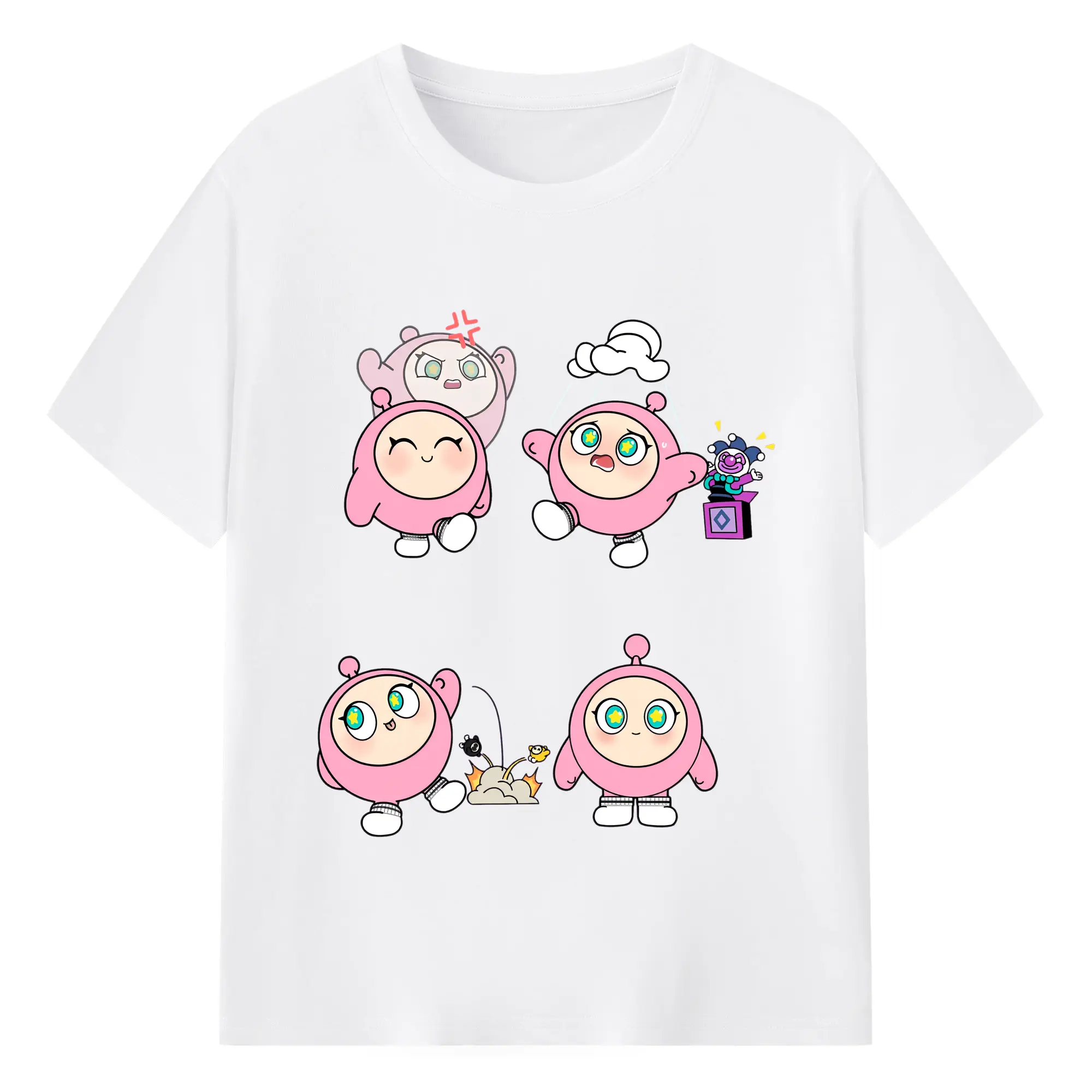 ふわふわ蛋小粉💗 ゲームの世界から飛び出したキュート - 綿100％ 半袖Tシャツ ・ フロントプリント ・ 快適 通気性 ・ 日常使い 散歩 スポーツ用