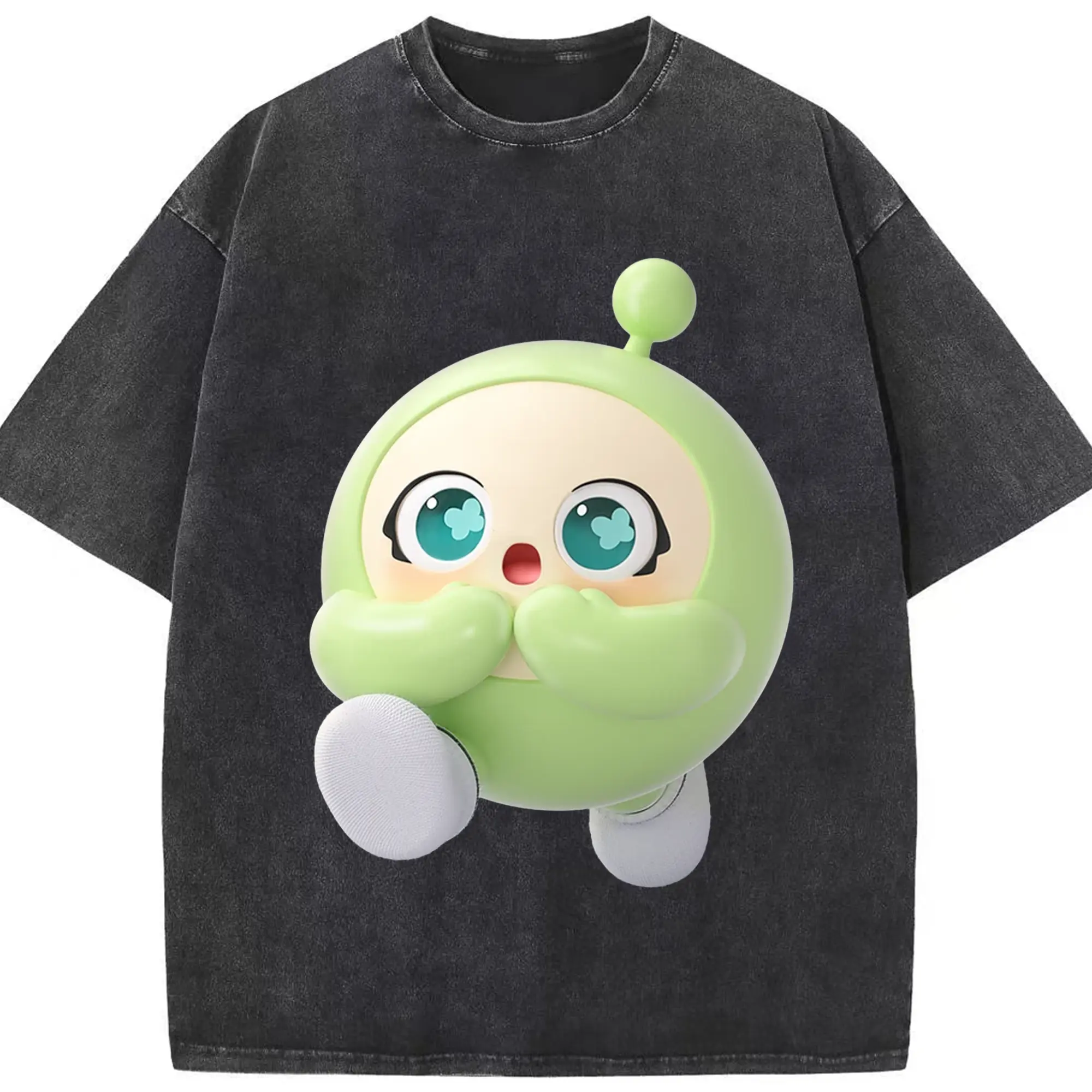 蛋仔パーティー 蛋小緑 キャラクター 可愛いゲームグッズ - 綿100％ ヴィンテージ風 半袖Tシャツ ・ フロントプリント ・ 柔らか肌触り ・ 通気性 快適 ・ スポーツ カジュアル 外出用