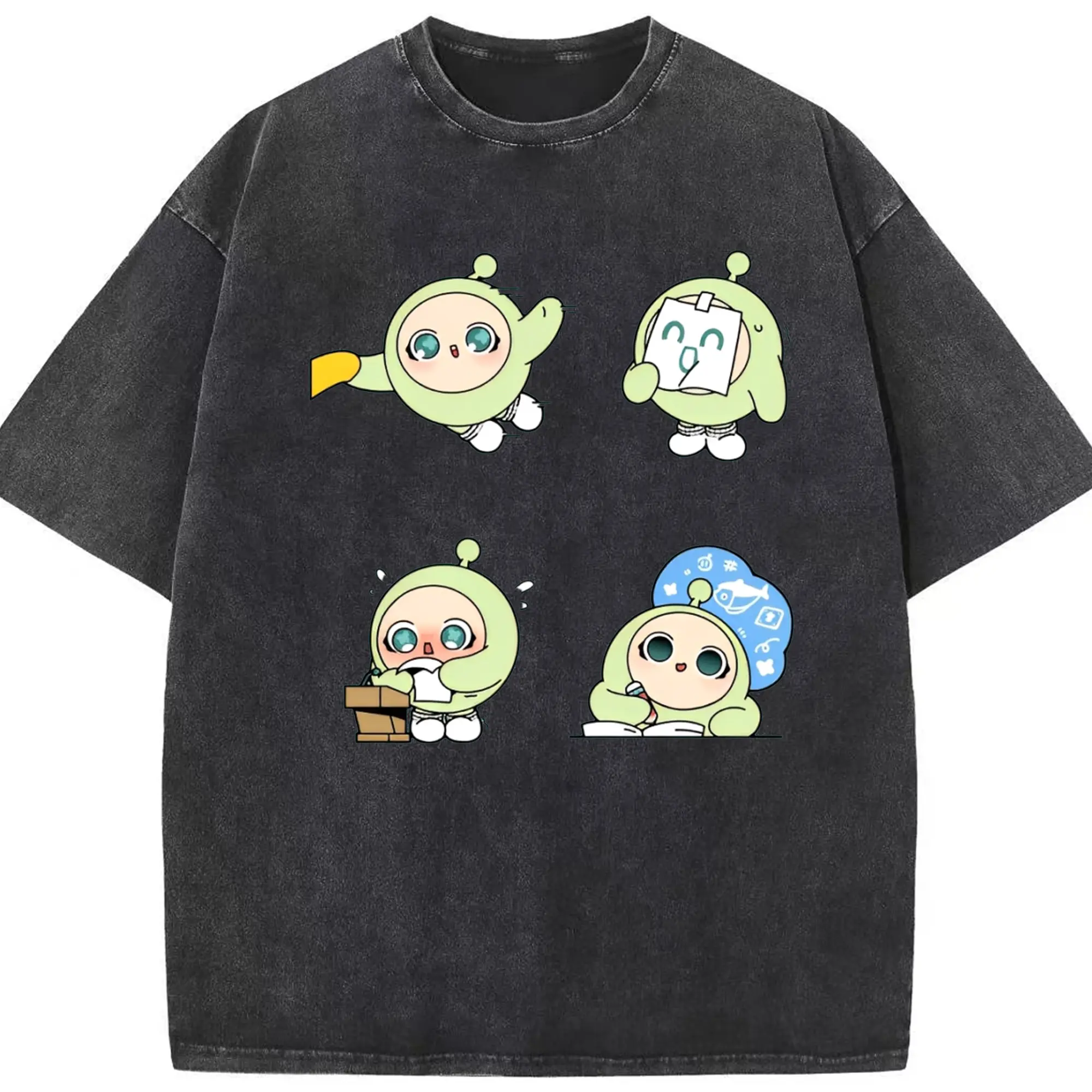 癒しカラーの蛋小緑🌱 見るだけで元気が出るキャラクター - 綿100％ ヴィンテージ風 半袖Tシャツ ・ フロントプリント ・ 柔らか肌触り ・ 通気性 快適 ・ スポーツ カジュアル 外出用