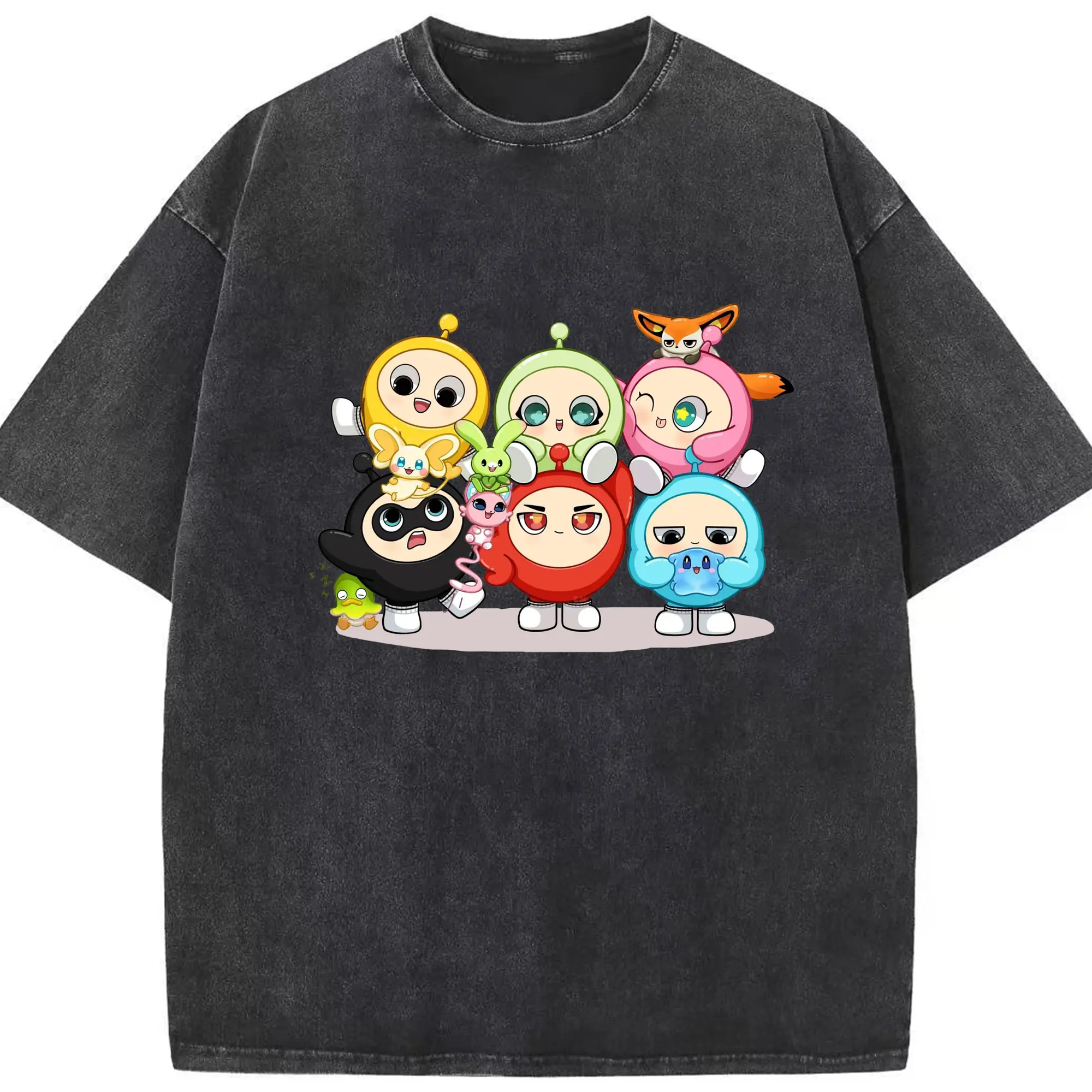 ギーパーティー 蛋仔ファミリー 可愛いキャラクター - 綿100％ ヴィンテージ風 半袖Tシャツ ・ フロントプリント ・ 柔らか肌触り ・ 通気性 快適 ・ スポーツ カジュアル 外出用