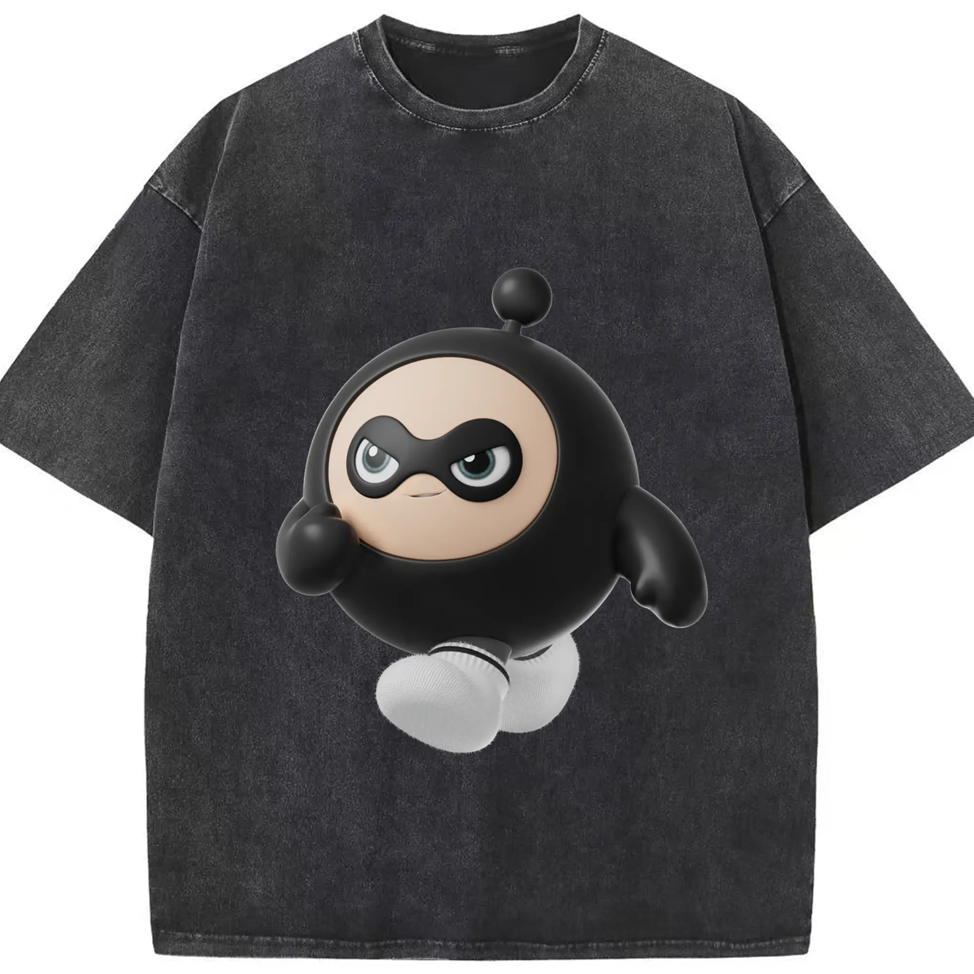 闇をまとうエッグ！エギーパーティー 蛋小黒 限定 - 綿100％ ヴィンテージ風 半袖Tシャツ ・ フロントプリント ・ 柔らか肌触り ・ 通気性 快適 ・ スポーツ カジュアル 外出用