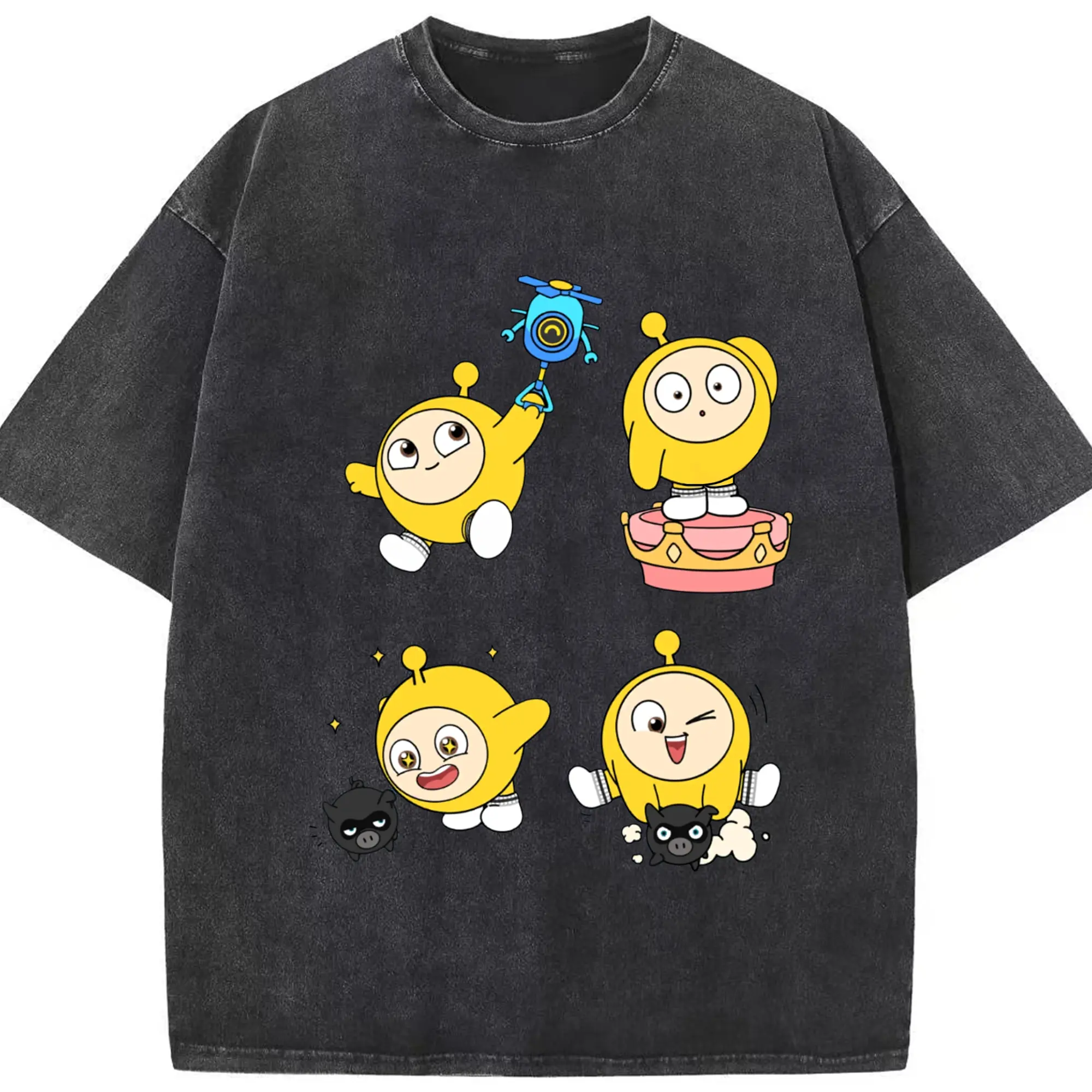 蛋仔パーティー 蛋小黄 キャラクター トレンド最前線🔥 - 綿100％ ヴィンテージ風 半袖Tシャツ ・ フロントプリント ・ 柔らか肌触り ・ 通気性 快適 ・ スポーツ カジュアル 外出用