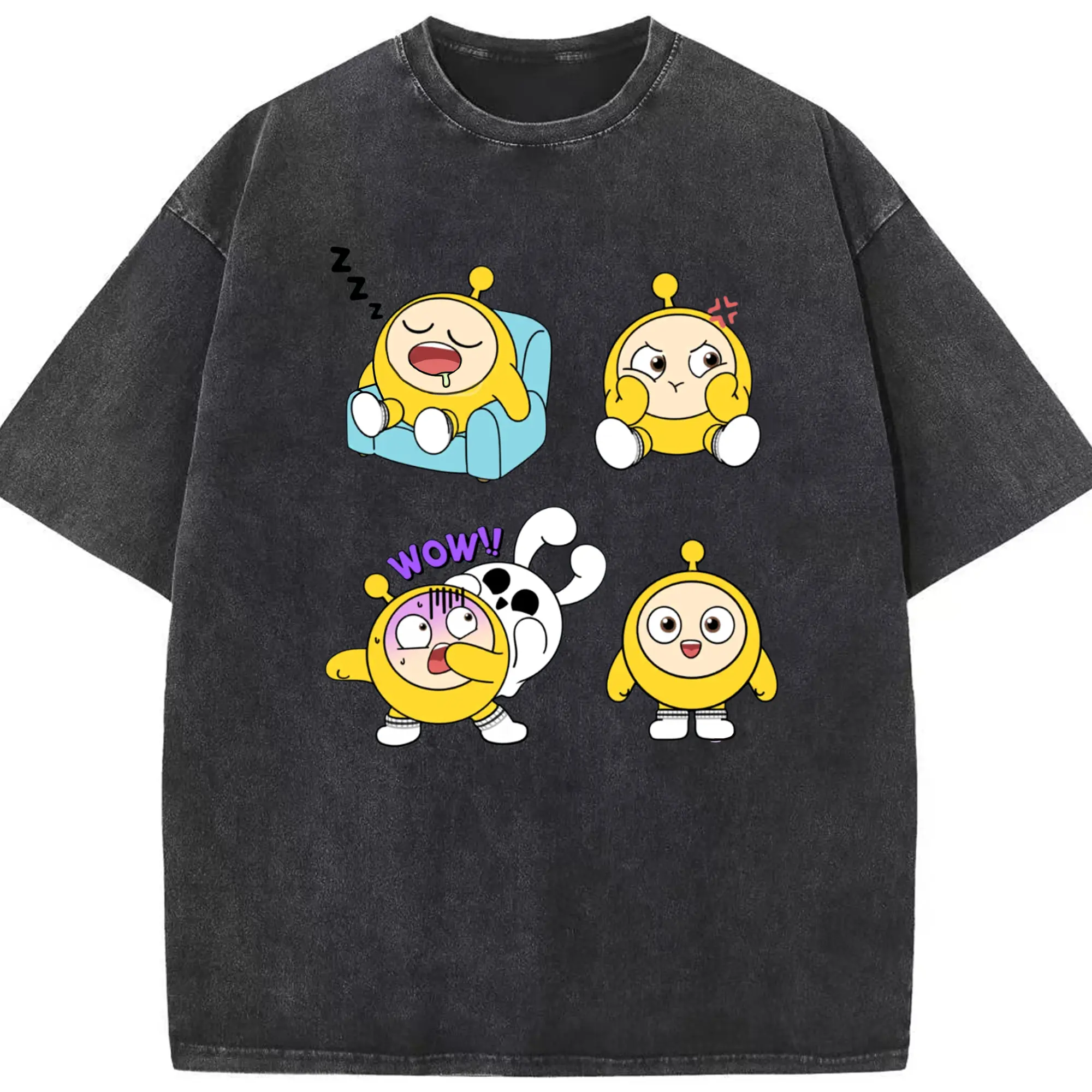 明るいイエローが映える☀ 蛋小黄  元気いっぱいデザイン - 綿100％ ヴィンテージ風 半袖Tシャツ ・ フロントプリント ・ 柔らか肌触り ・ 通気性 快適 ・ スポーツ カジュアル 外出用