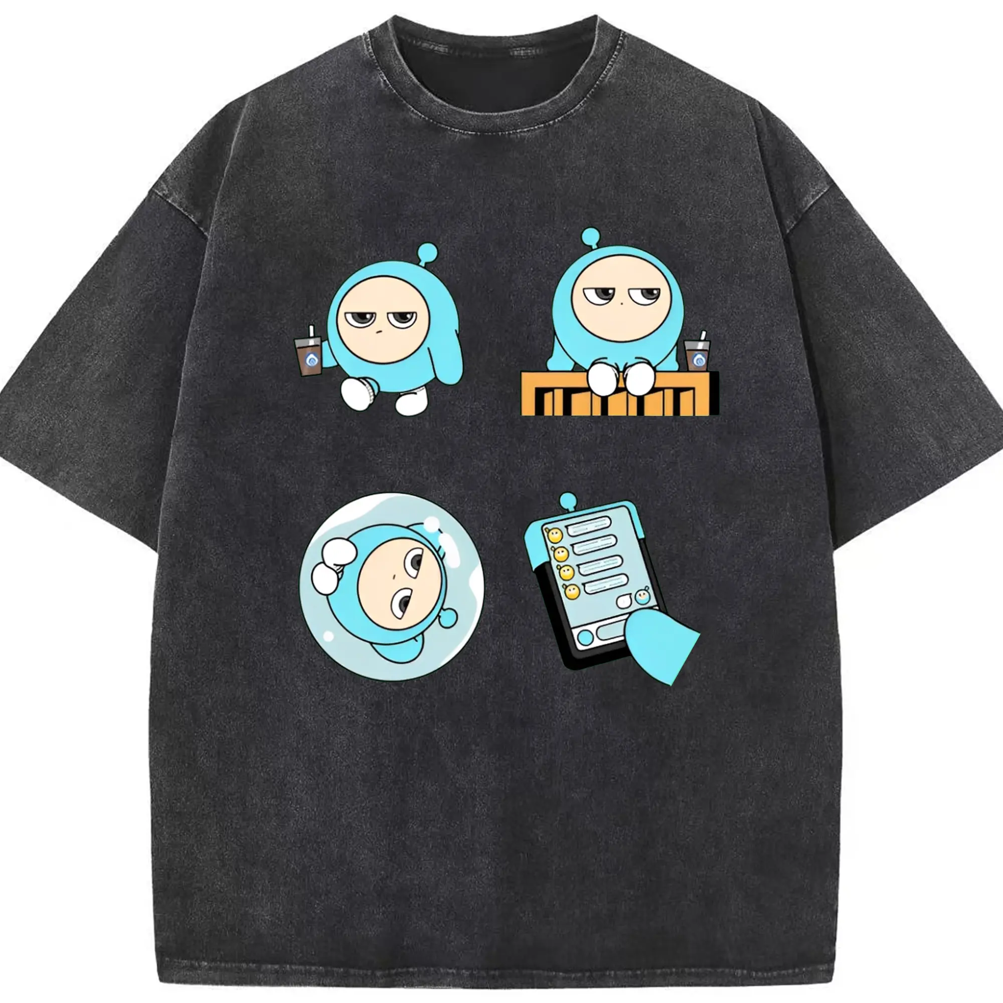 「ふわふわブルーエッグ！エギーパーティー 蛋小藍 公式キャラ - 綿100％ ヴィンテージ風 半袖Tシャツ ・ フロントプリント ・ 柔らか肌触り ・ 通気性 快適 ・ スポーツ カジュアル 外出用