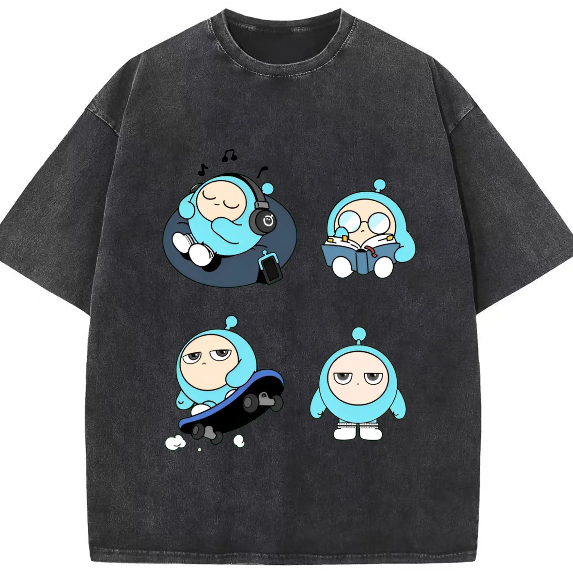 「エギーパーティー 蛋小藍（ダンシャオラン）ぬいぐるみ 可愛いキャラクター - 綿100％ ヴィンテージ風 半袖Tシャツ ・ フロントプリント ・ 柔らか肌触り ・ 通気性 快適 ・ スポーツ カジュアル 外出用