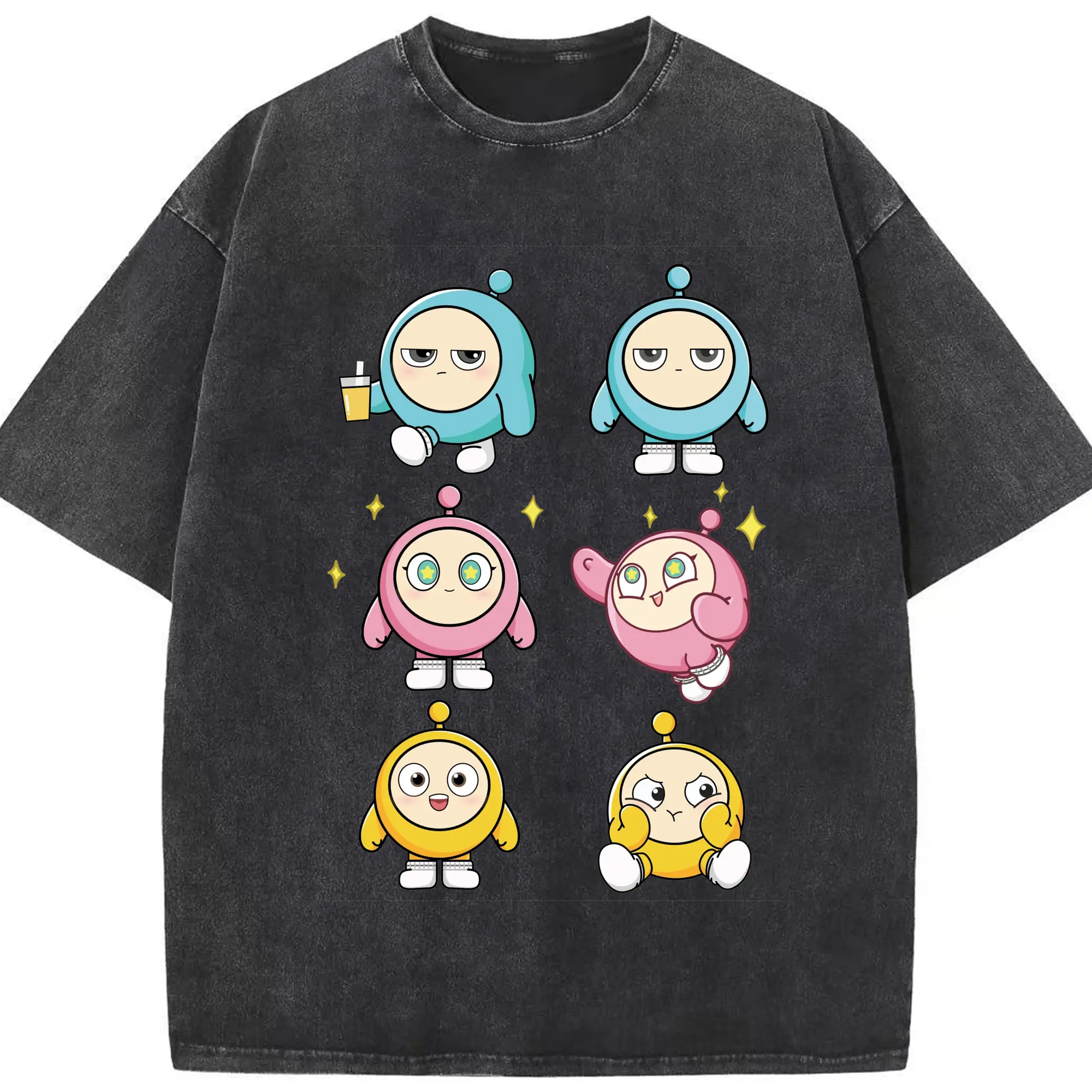 っこり癒し系！エギーパーティー 蛋仔ファミリー ふんわりデザイン - 綿100％ ヴィンテージ風 半袖Tシャツ ・ フロントプリント ・ 柔らか肌触り ・ 通気性 快適 ・ スポーツ カジュアル 外出用