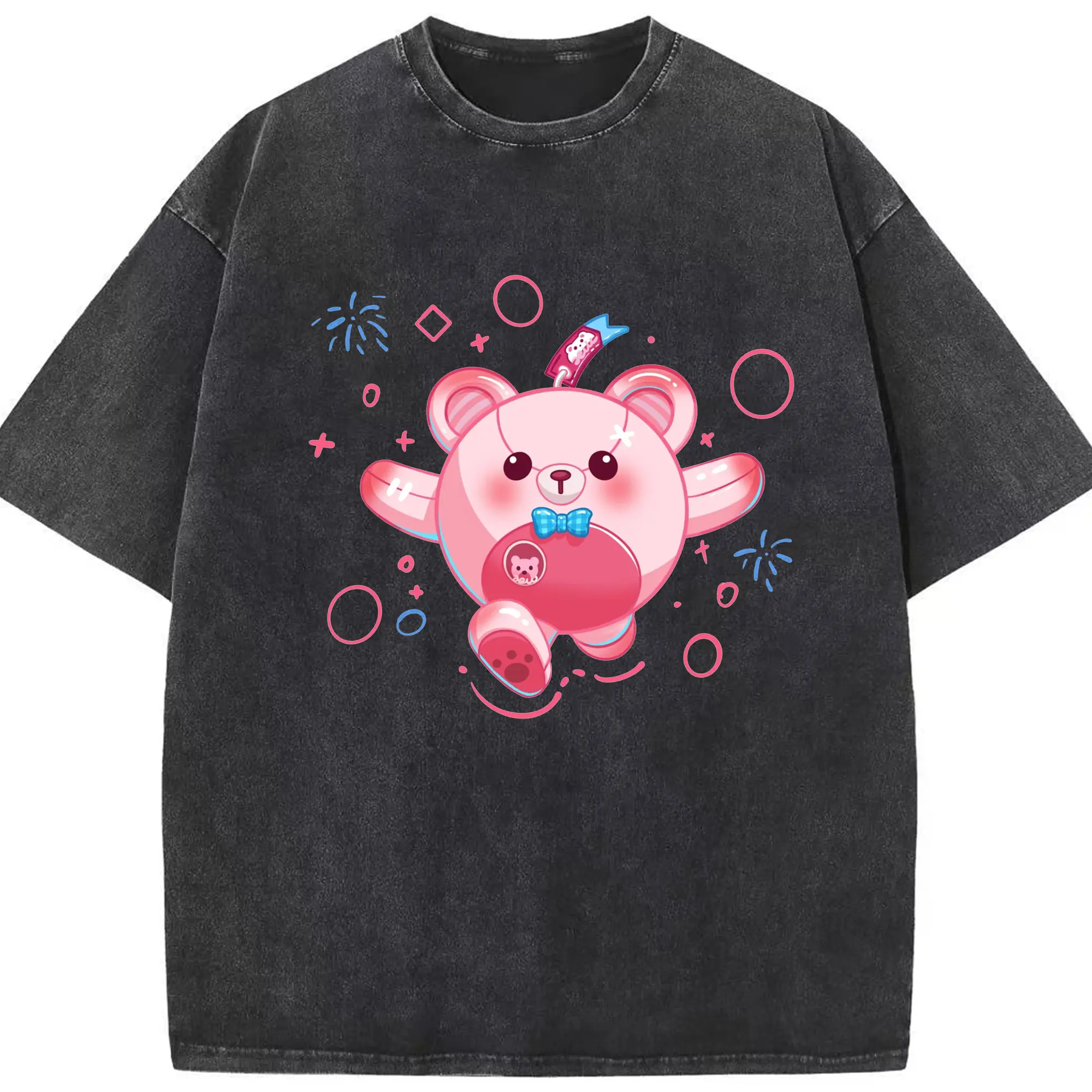 蛋仔派对粉色小熊可爱 - 綿100％ ヴィンテージ風 半袖Tシャツ ・ フロントプリント ・ 柔らか肌触り ・ 通気性 快適 ・ スポーツ カジュアル 外出用