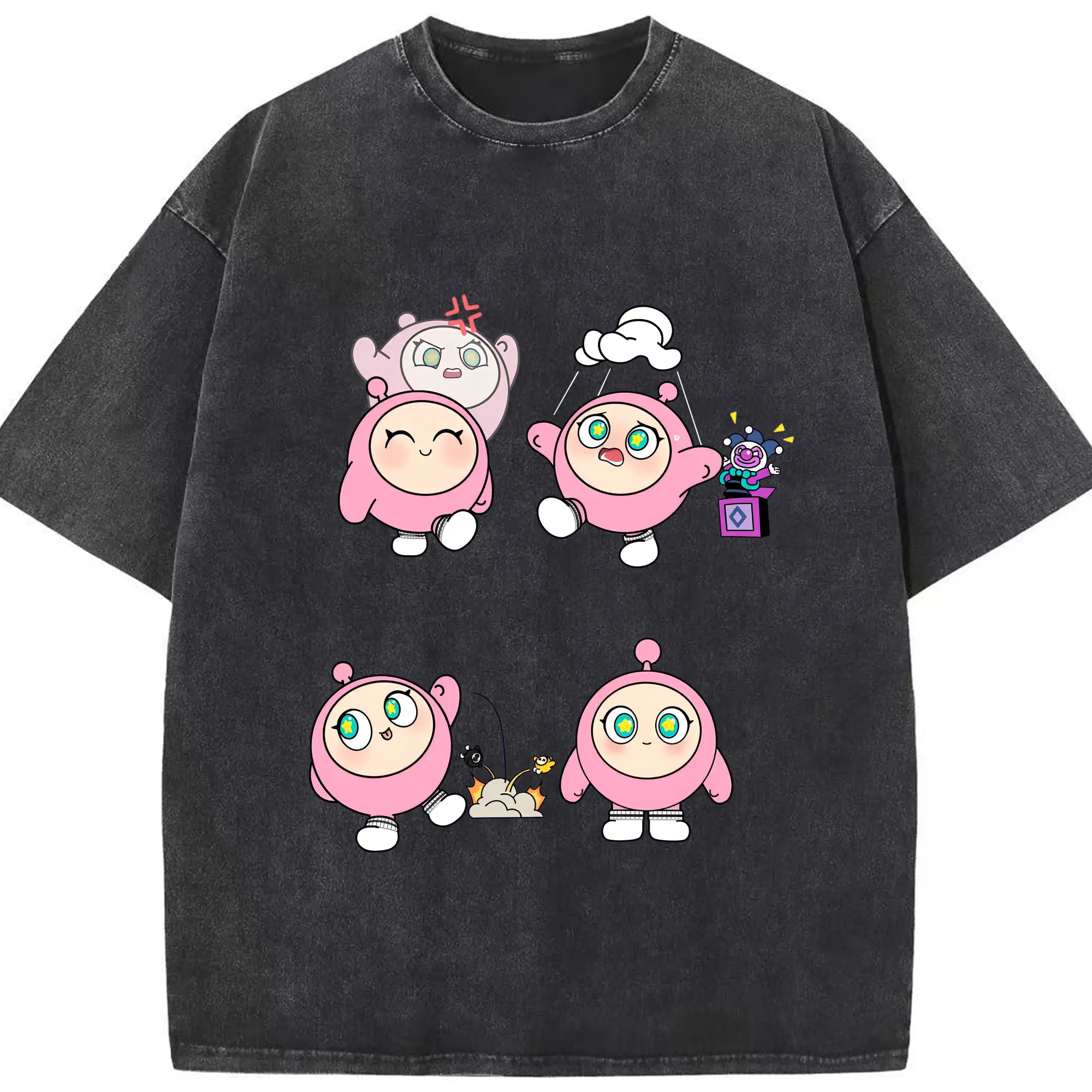 ふわふわ蛋小粉💗 ゲームの世界から飛び出したキュート - 綿100％ ヴィンテージ風 半袖Tシャツ ・ フロントプリント ・ 柔らか肌触り ・ 通気性 快適 ・ スポーツ カジュアル 外出用