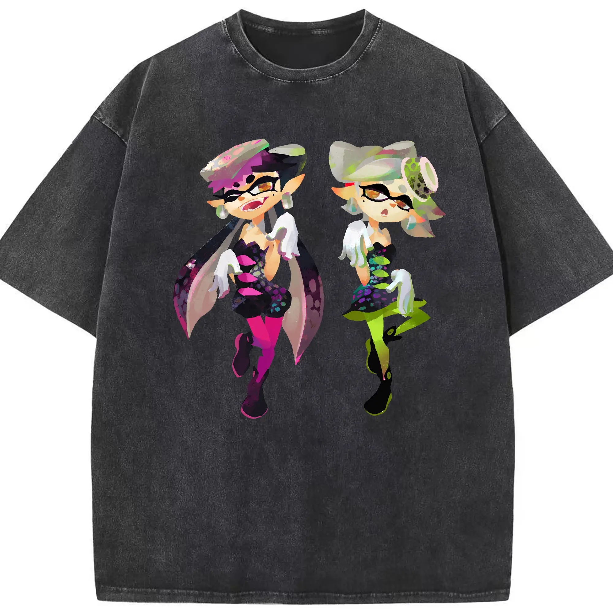 スプラトゥーン スクイドシスターズ 限定 - 綿100％ ヴィンテージ風 半袖Tシャツ ・ フロントプリント ・ 柔らか肌触り ・ 通気性 快適 ・ スポーツ カジュアル 外出用