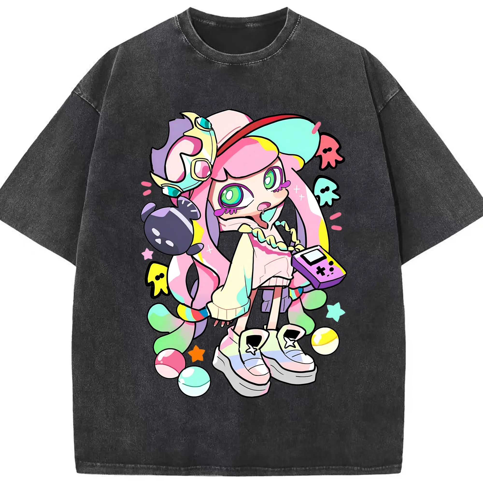 スプラトゥーン3 パル子ちゃん かわいいキャラクターグッズ - 綿100％ ヴィンテージ風 半袖Tシャツ ・ フロントプリント ・ 柔らか肌触り ・ 通気性 快適 ・ スポーツ カジュアル 外出用