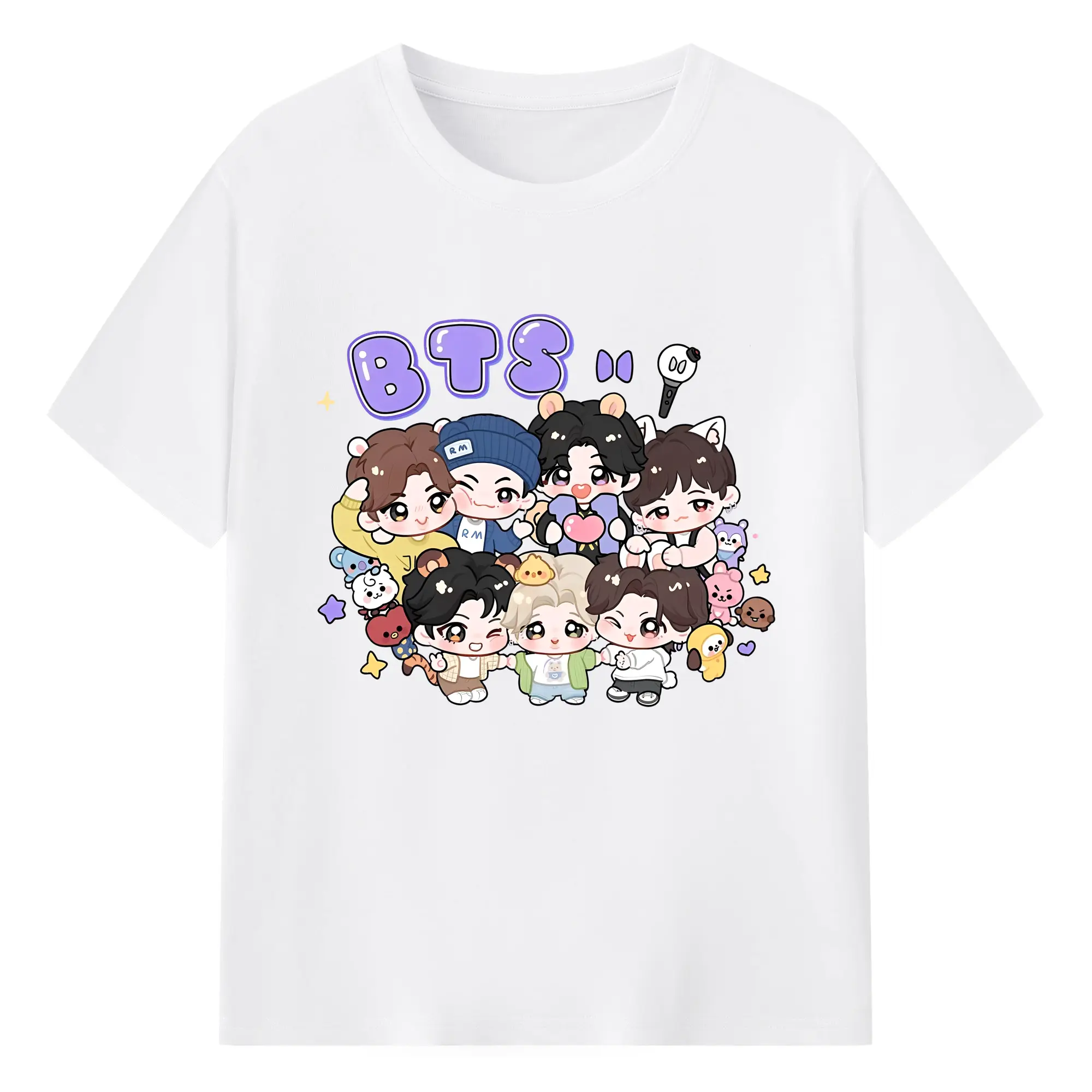 BTS メンバー可愛いイラスト 人気ファングッズ - 綿100％ 半袖Tシャツ ・ フロントプリント ・ 快適 通気性 ・ 日常使い 散歩 スポーツ用