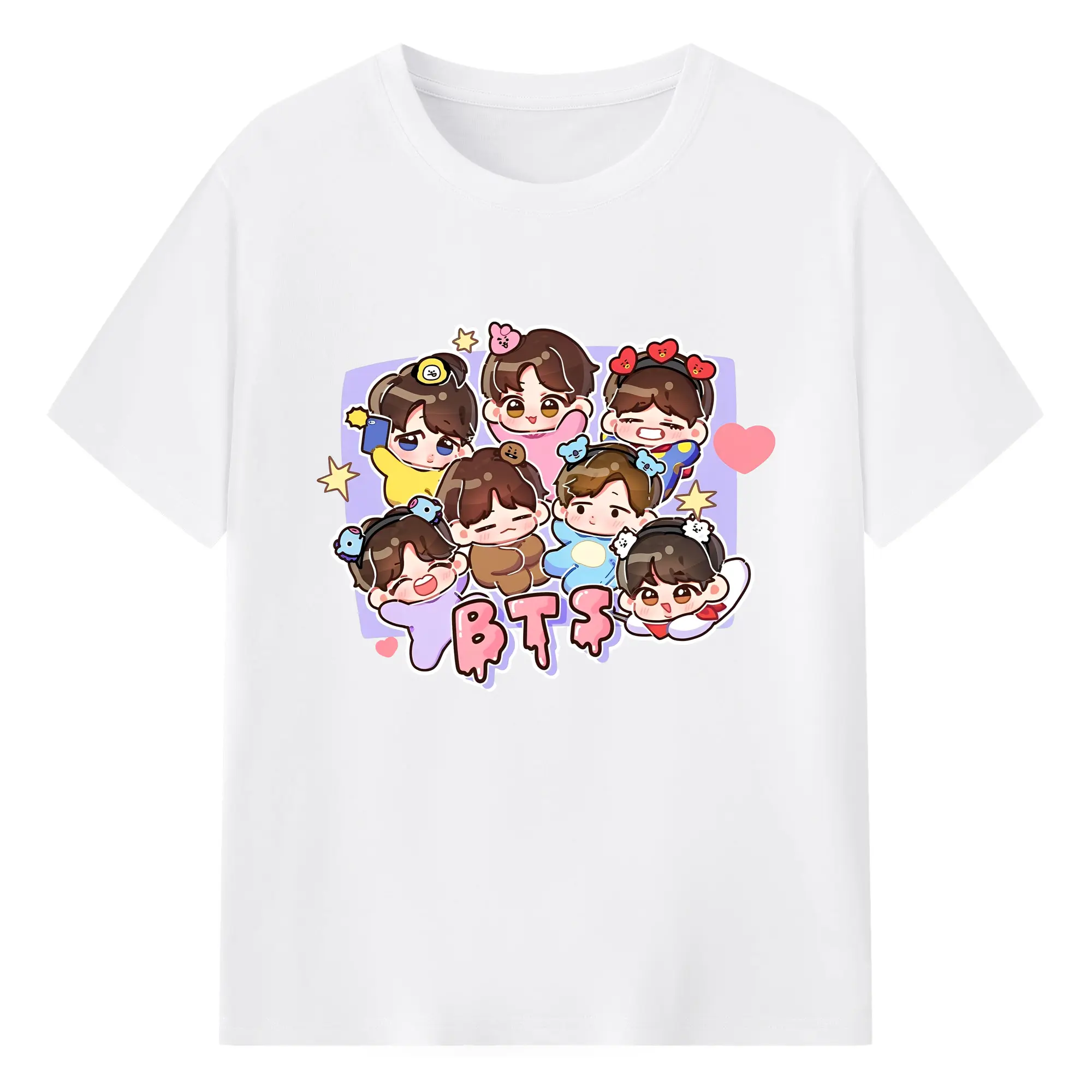 BTS Q版キャラクター デザイン 可愛い限定モデル - 綿100％ 半袖Tシャツ ・ フロントプリント ・ 快適 通気性 ・ 日常使い 散歩 スポーツ用