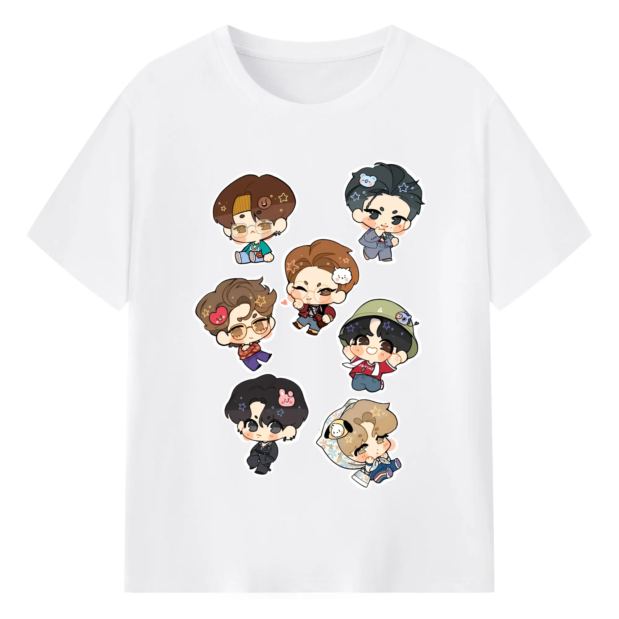 バンタン Qバージョン カートゥーン韓流ファッション - 綿100％ 半袖Tシャツ ・ フロントプリント ・ 快適 通気性 ・ 日常使い 散歩 スポーツ用