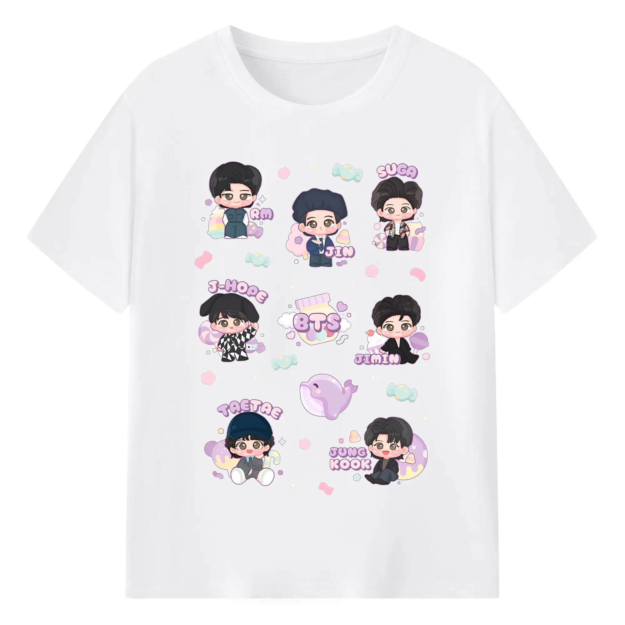 TinyTAN 🐳 × BTS 可愛いデザイン ファンコレクション - 綿100％ 半袖Tシャツ ・ フロントプリント ・ 快適 通気性 ・ 日常使い 散歩 スポーツ用