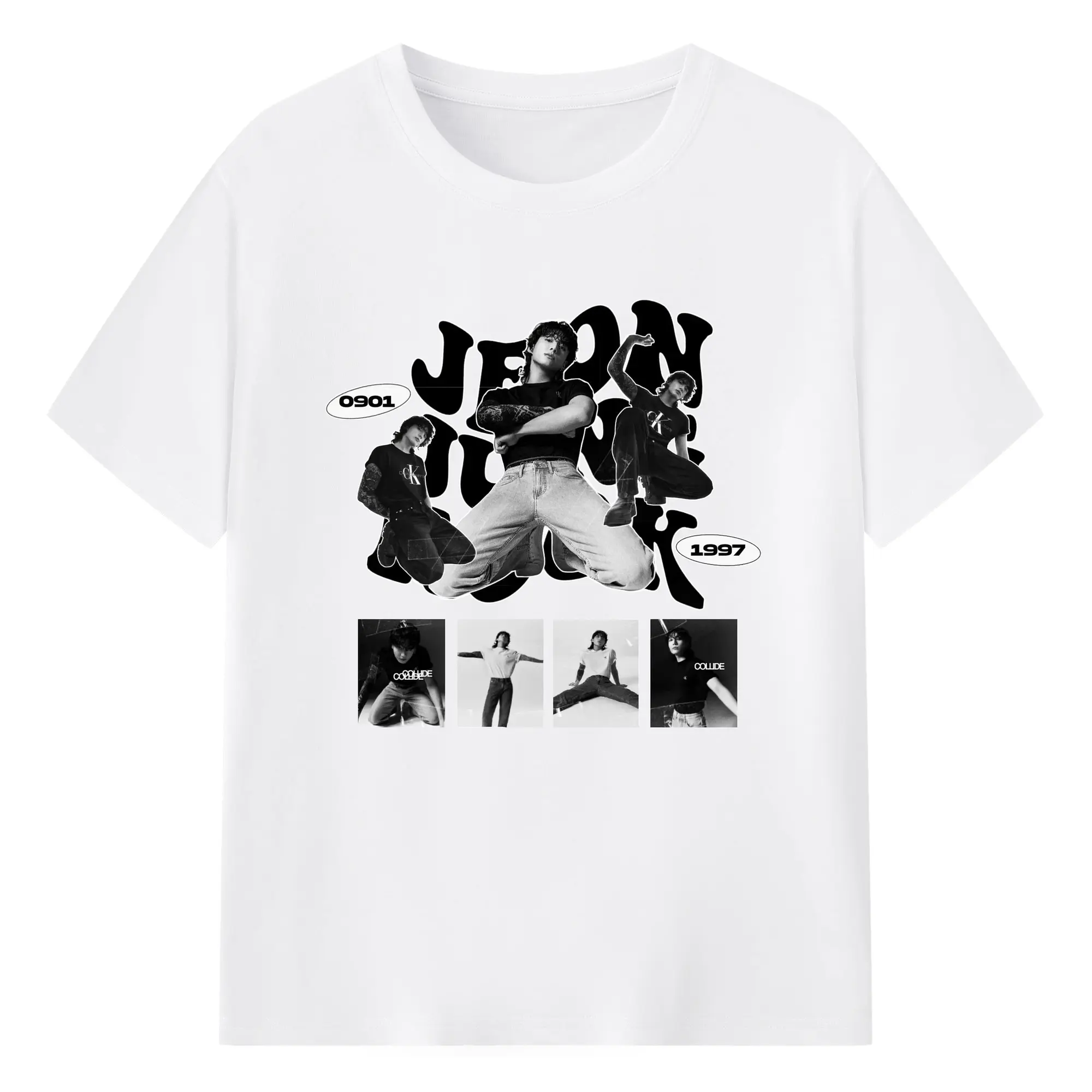 ジョングク アクションフォト 限定 韓流グッズ - 綿100％ 半袖Tシャツ ・ フロントプリント ・ 快適 通気性 ・ 日常使い 散歩 スポーツ用