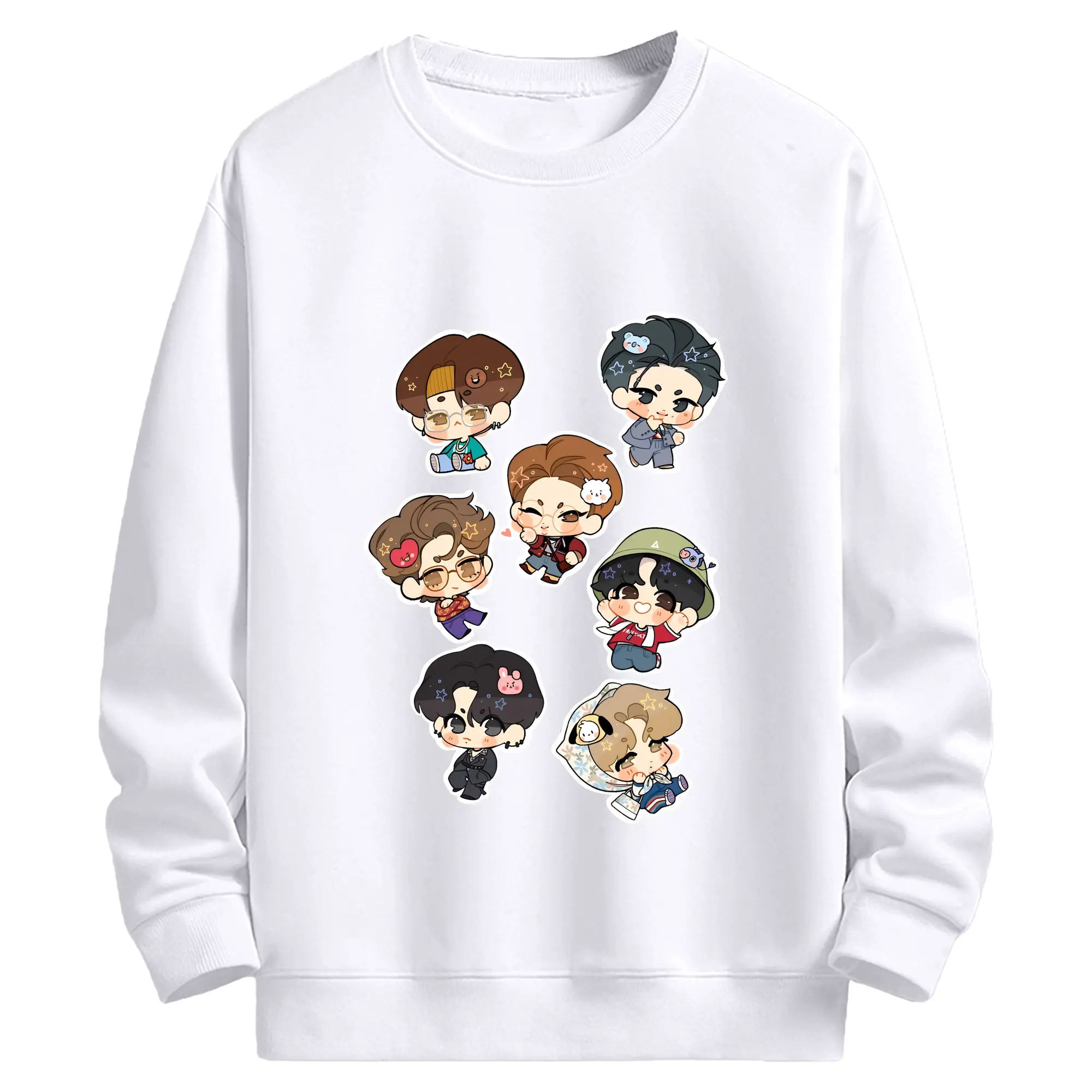 バンタン Qバージョン カートゥーン韓流ファッション - 高品質 クルーネック スウェット ・ コットン59％ ポリエステル41％ ・ ユニセックス 長袖 トレーナー ・ カジュアル デイリー スポーツ 散歩用