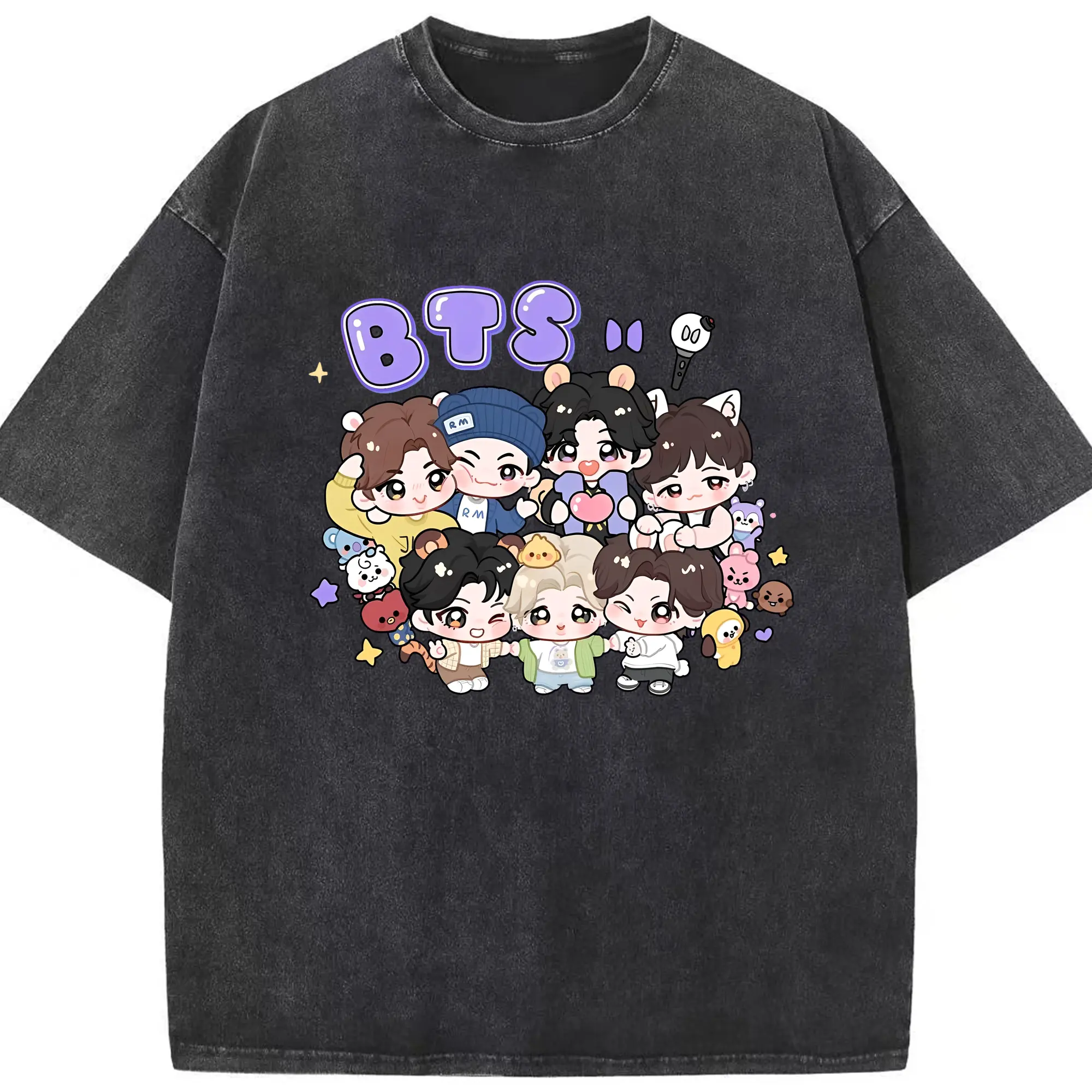 BTS メンバー可愛いイラスト 人気ファングッズ - 綿100％ ヴィンテージ風 半袖Tシャツ ・ フロントプリント ・ 柔らか肌触り ・ 通気性 快適 ・ スポーツ カジュアル 外出用