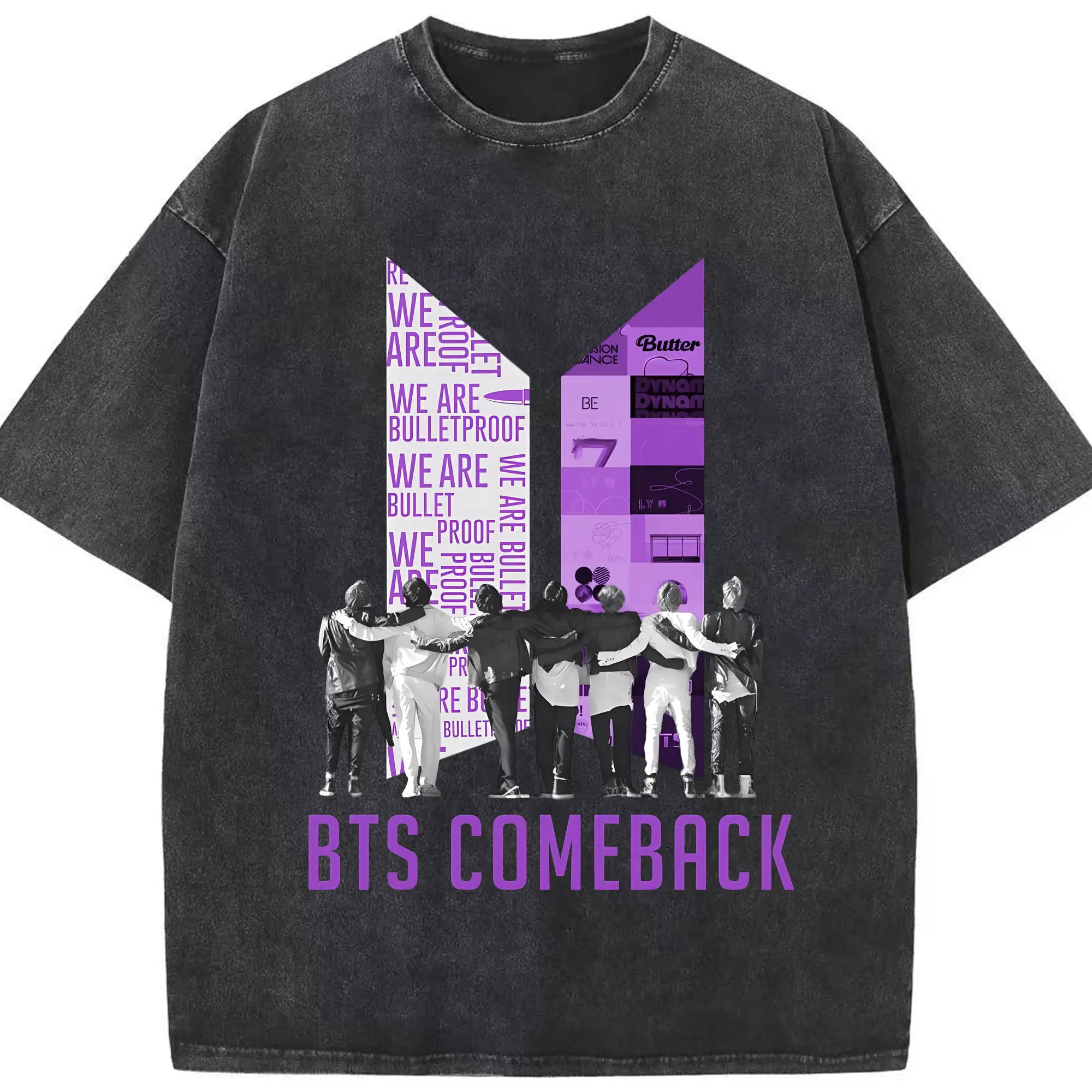 ARMY必須💜BTS 推し活グッズ - 綿100％ ヴィンテージ風 半袖Tシャツ ・ フロントプリント ・ 柔らか肌触り ・ 通気性 快適 ・ スポーツ カジュアル 外出用