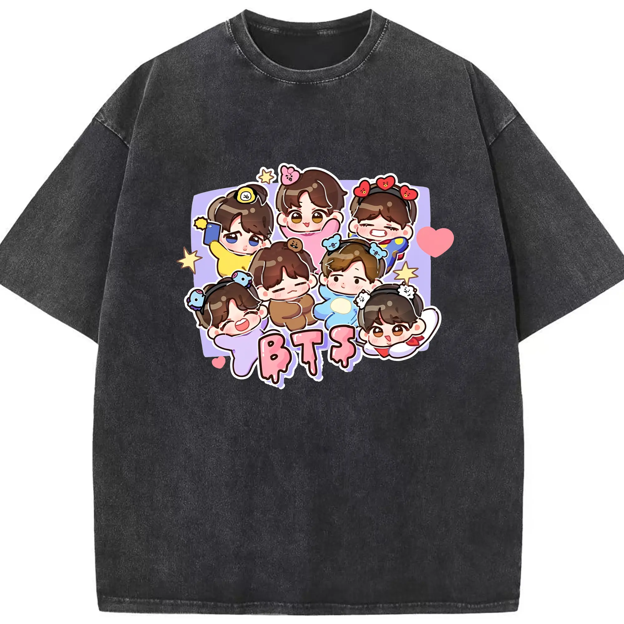 BTS Q版キャラクター デザイン 可愛い限定モデル - 綿100％ ヴィンテージ風 半袖Tシャツ ・ フロントプリント ・ 柔らか肌触り ・ 通気性 快適 ・ スポーツ カジュアル 外出用