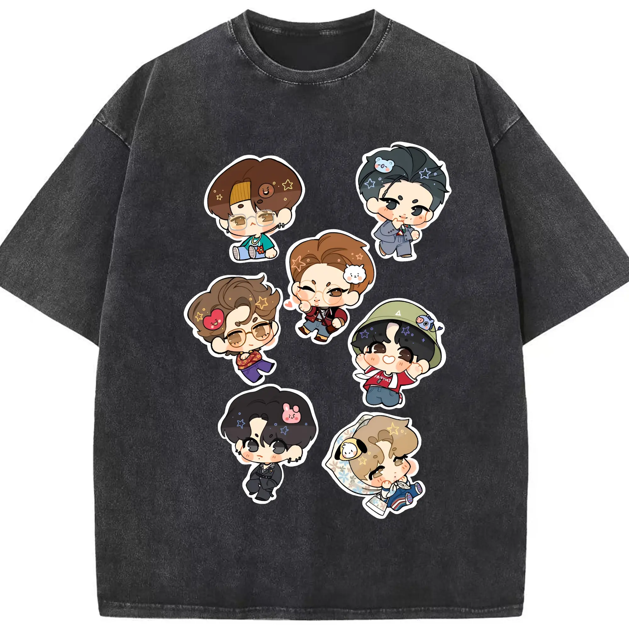 バンタン Qバージョン カートゥーン韓流ファッション - 綿100％ ヴィンテージ風 半袖Tシャツ ・ フロントプリント ・ 柔らか肌触り ・ 通気性 快適 ・ スポーツ カジュアル 外出用