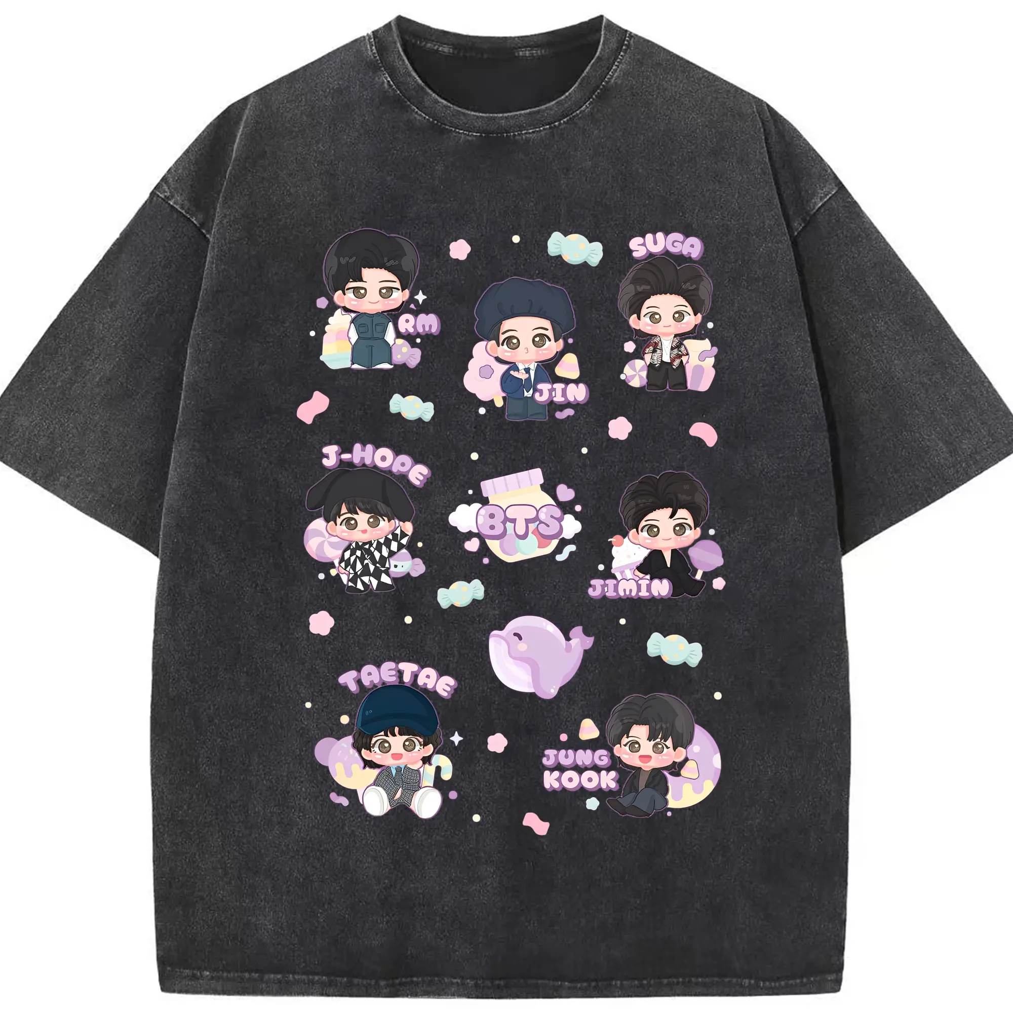 TinyTAN 🐳 × BTS 可愛いデザイン ファンコレクション - 綿100％ ヴィンテージ風 半袖Tシャツ ・ フロントプリント ・ 柔らか肌触り ・ 通気性 快適 ・ スポーツ カジュアル 外出用