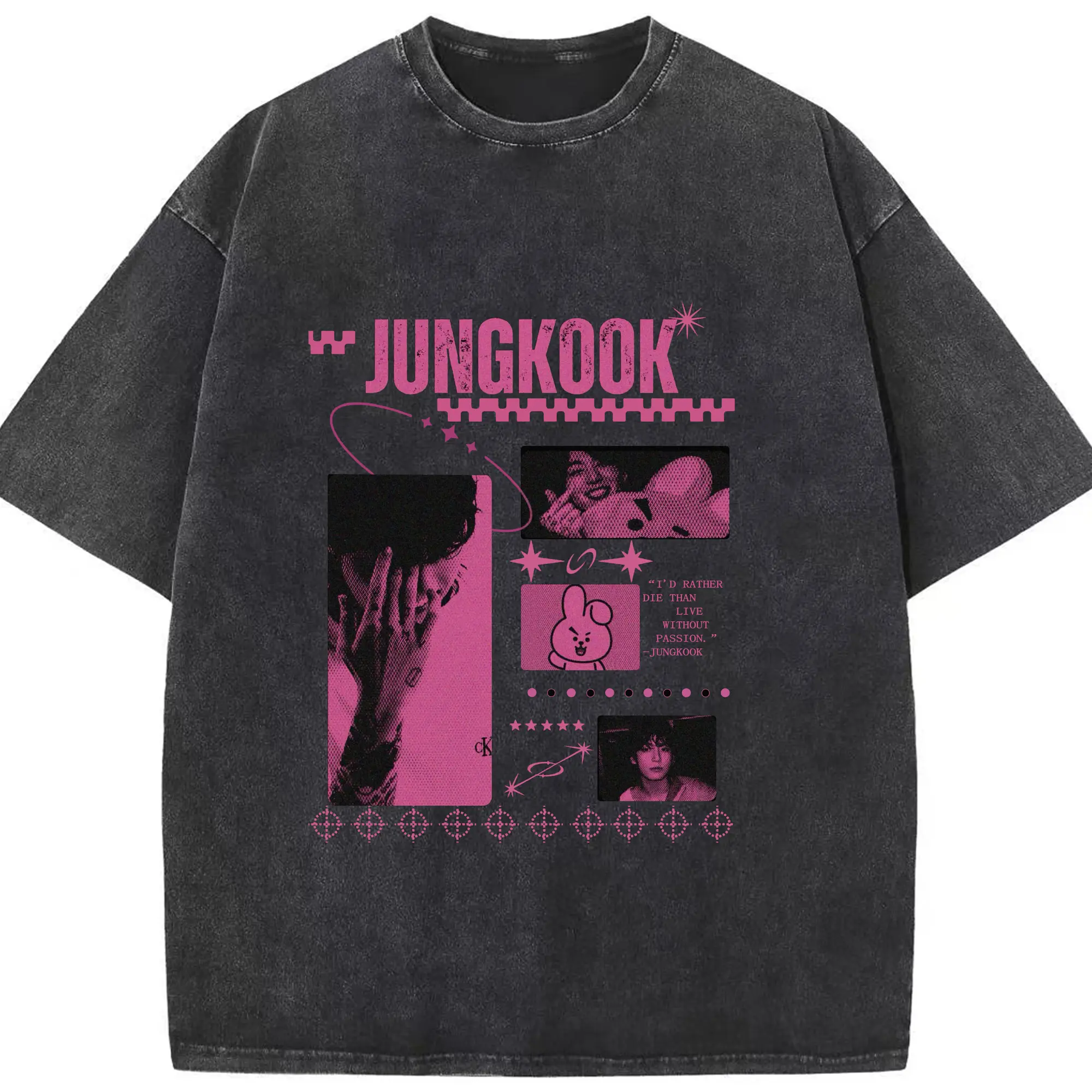 ジョングク KPOPフォトプリント トレンドファッション - 綿100％ ヴィンテージ風 半袖Tシャツ ・ フロントプリント ・ 柔らか肌触り ・ 通気性 快適 ・ スポーツ カジュアル 外出用