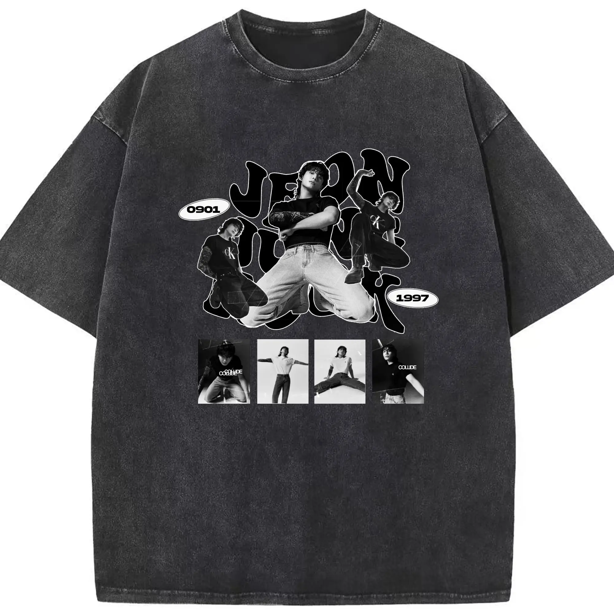 ジョングク アクションフォト 限定 韓流グッズ - 綿100％ ヴィンテージ風 半袖Tシャツ ・ フロントプリント ・ 柔らか肌触り ・ 通気性 快適 ・ スポーツ カジュアル 外出用