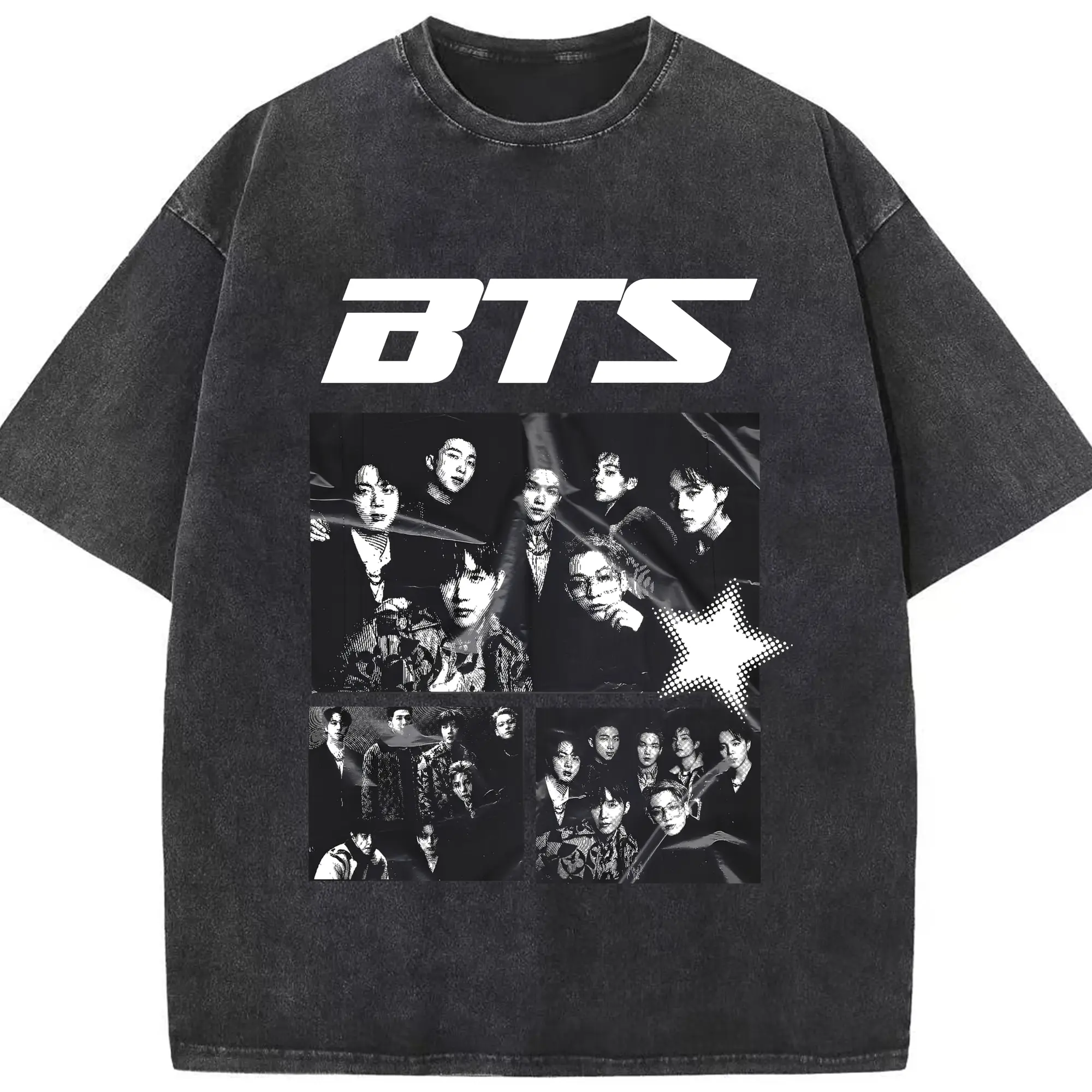 BTS モノトーン 韓国ファッション おしゃれ上級者向け - 綿100％ ヴィンテージ風 半袖Tシャツ ・ フロントプリント ・ 柔らか肌触り ・ 通気性 快適 ・ スポーツ カジュアル 外出用