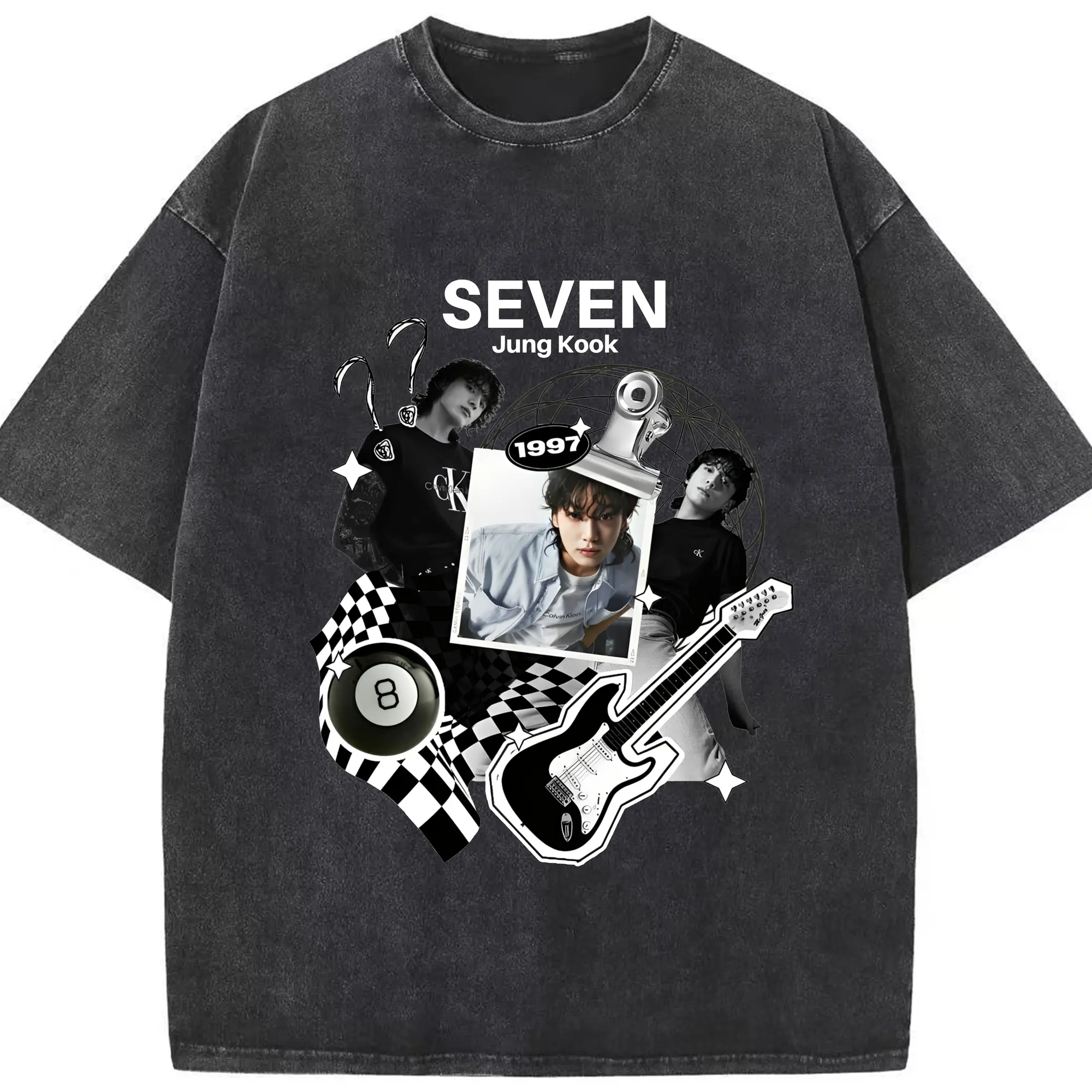 ジョングク “Seven” ファン喜ぶ特別デザイン - 綿100％ ヴィンテージ風 半袖Tシャツ ・ フロントプリント ・ 柔らか肌触り ・ 通気性 快適 ・ スポーツ カジュアル 外出用