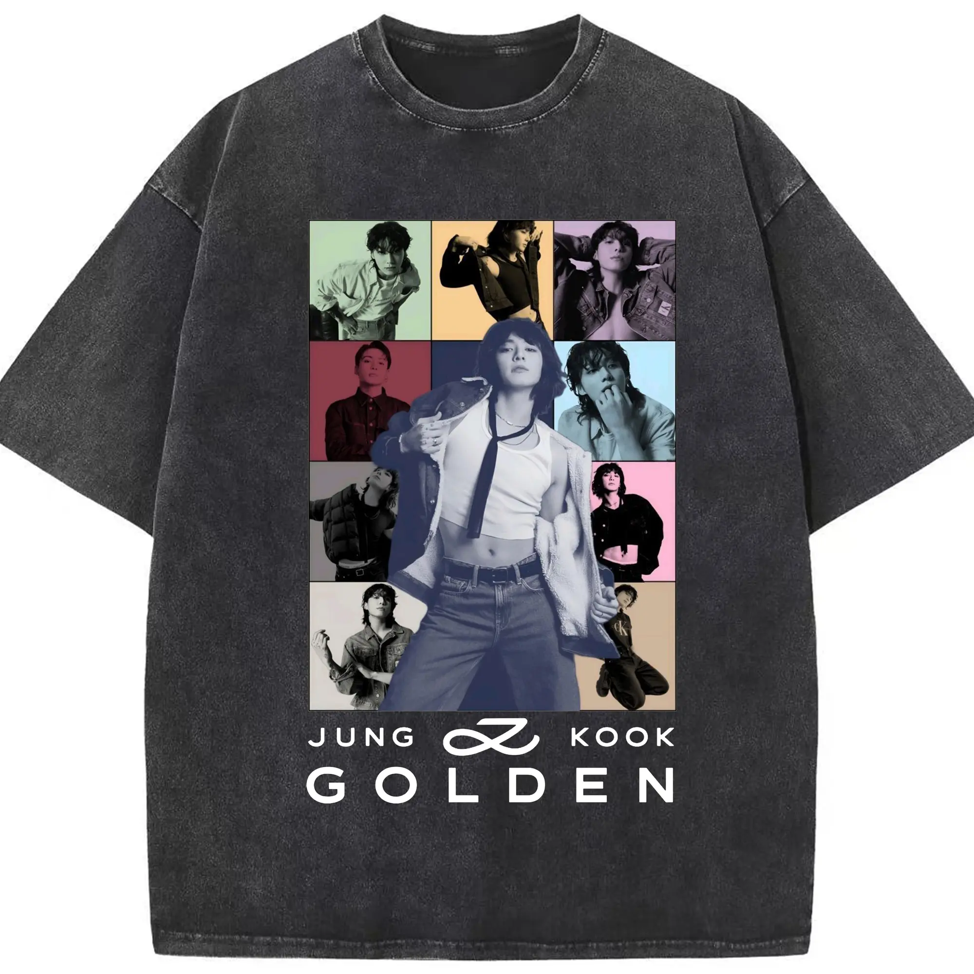 ジョングク GOLDEN アルバム記念 2025限定デザイン - 綿100％ ヴィンテージ風 半袖Tシャツ ・ フロントプリント ・ 柔らか肌触り ・ 通気性 快適 ・ スポーツ カジュアル 外出用