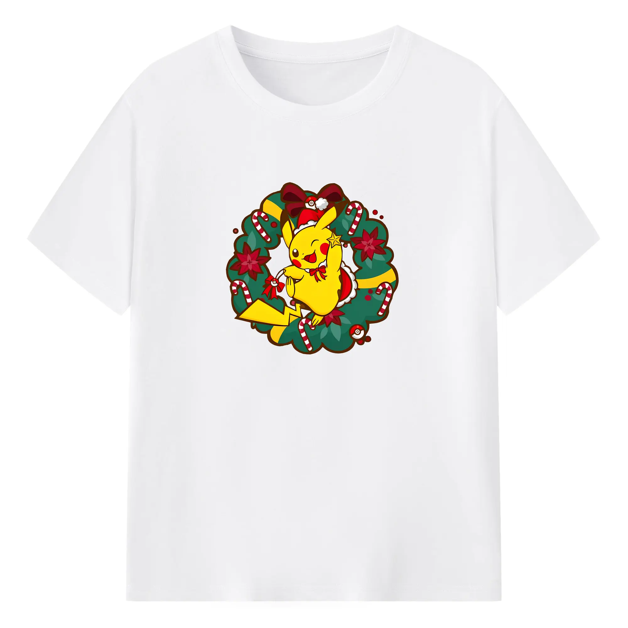ピカチュウのホリデーシーズン🎄 花輪入り冬限定デザイン - 綿100％ 半袖Tシャツ ・ フロントプリント ・ 快適 通気性 ・ 日常使い 散歩 スポーツ用