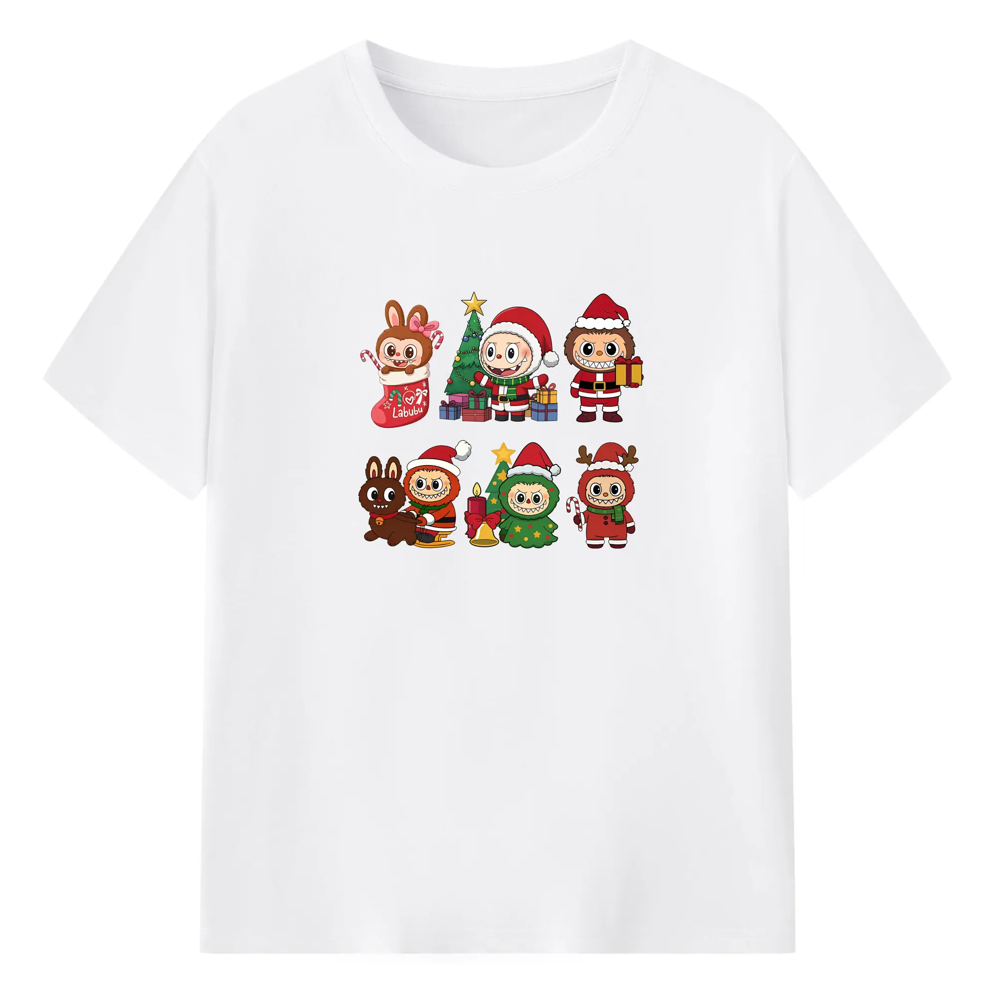 ラブブブ＆トナカイ🦌 可愛いクリスマスツリー入りデザイン - 綿100％ 半袖Tシャツ ・ フロントプリント ・ 快適 通気性 ・ 日常使い 散歩 スポーツ用
