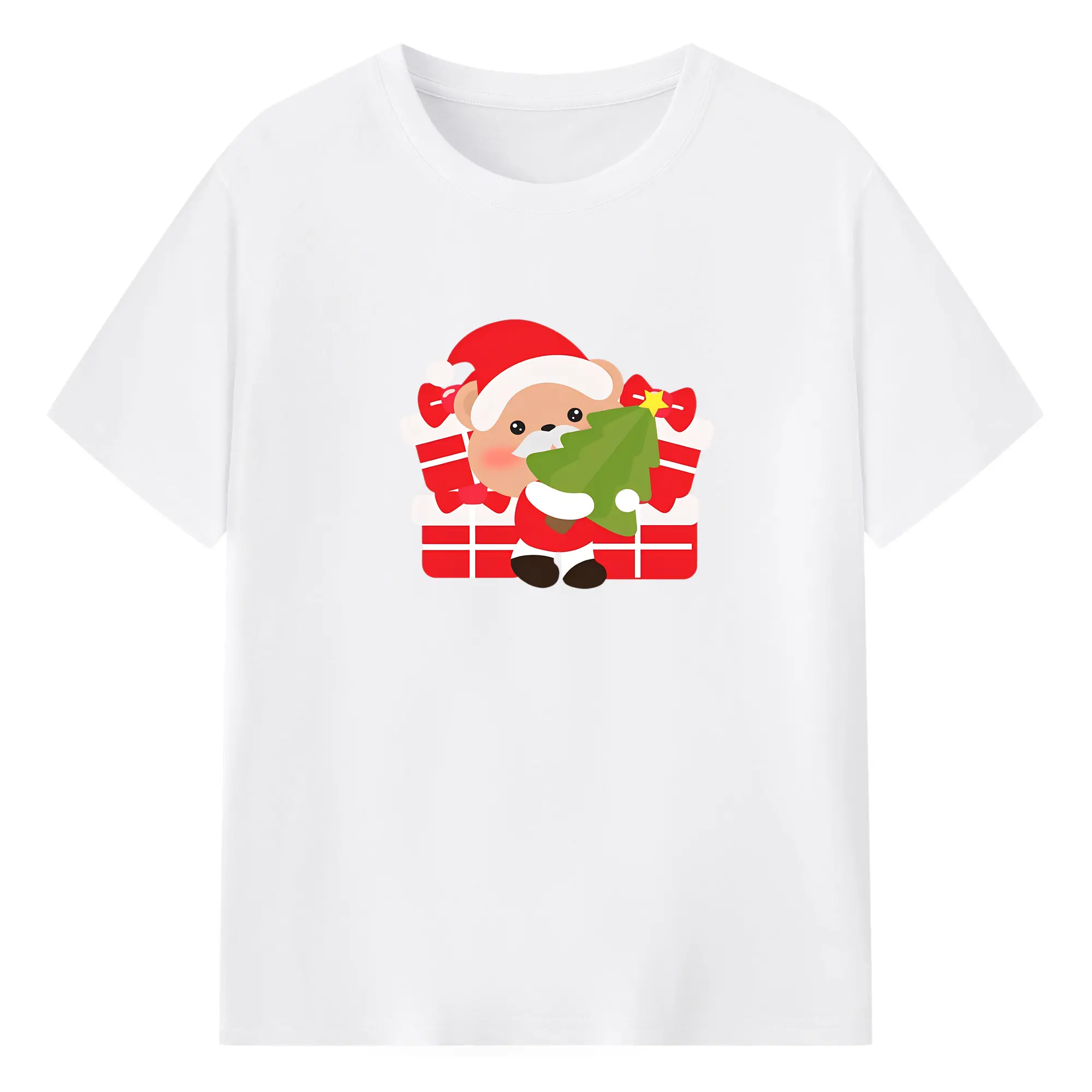 クリスマス限定🎄 可愛い小熊とサンタ帽＆プレゼントデザイン - 綿100％ 半袖Tシャツ ・ フロントプリント ・ 快適 通気性 ・ 日常使い 散歩 スポーツ用