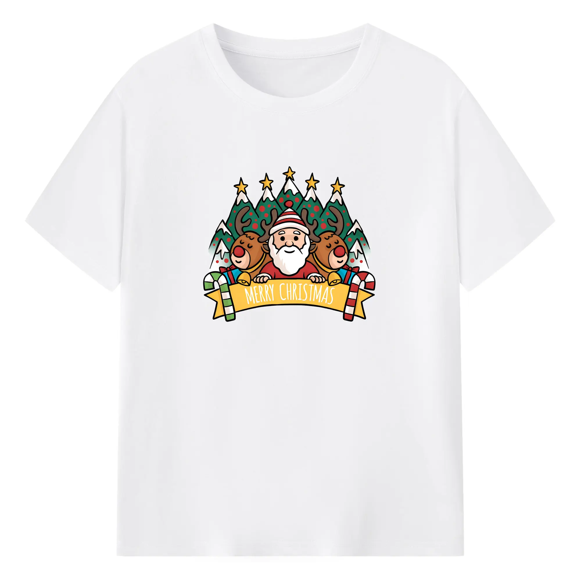 冬の魔法🎄 トナカイ🦌 サンタクロース入り可愛いデザイン - 綿100％ 半袖Tシャツ ・ フロントプリント ・ 快適 通気性 ・ 日常使い 散歩 スポーツ用