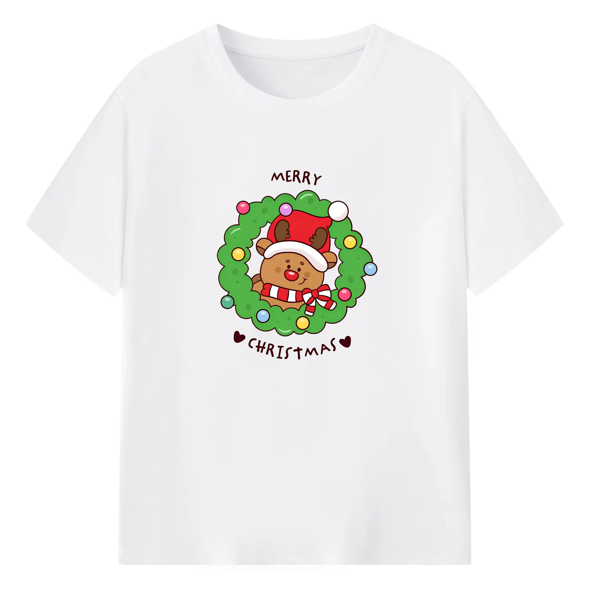 ホリデー気分満点🎄 麋鹿＆リースの可愛いアート - 綿100％ 半袖Tシャツ ・ フロントプリント ・ 快適 通気性 ・ 日常使い 散歩 スポーツ用