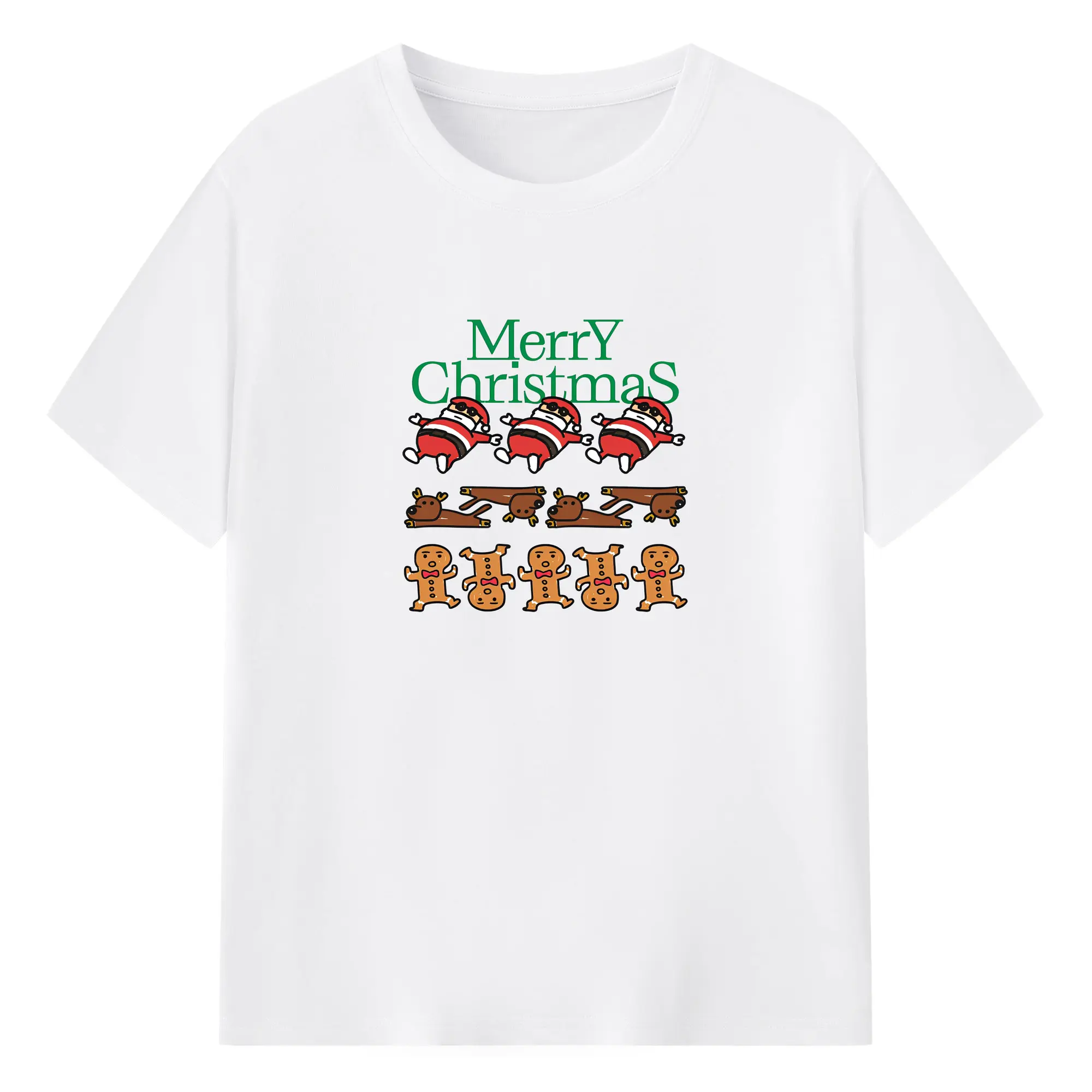 サンタクロース🎅 麋鹿🦌 ジンジャーブレッドマン🍪 Merry Christmas - 綿100％ 半袖Tシャツ ・ フロントプリント ・ 快適 通気性 ・ 日常使い 散歩 スポーツ用
