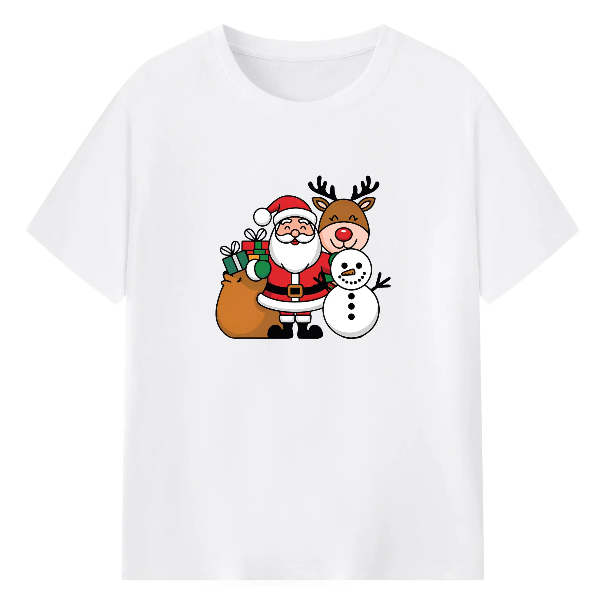 ホリデーシーズン🎁 サンタクロース＆ギフト＆雪だるま⛄ - 綿100％ 半袖Tシャツ ・ フロントプリント ・ 快適 通気性 ・ 日常使い 散歩 スポーツ用