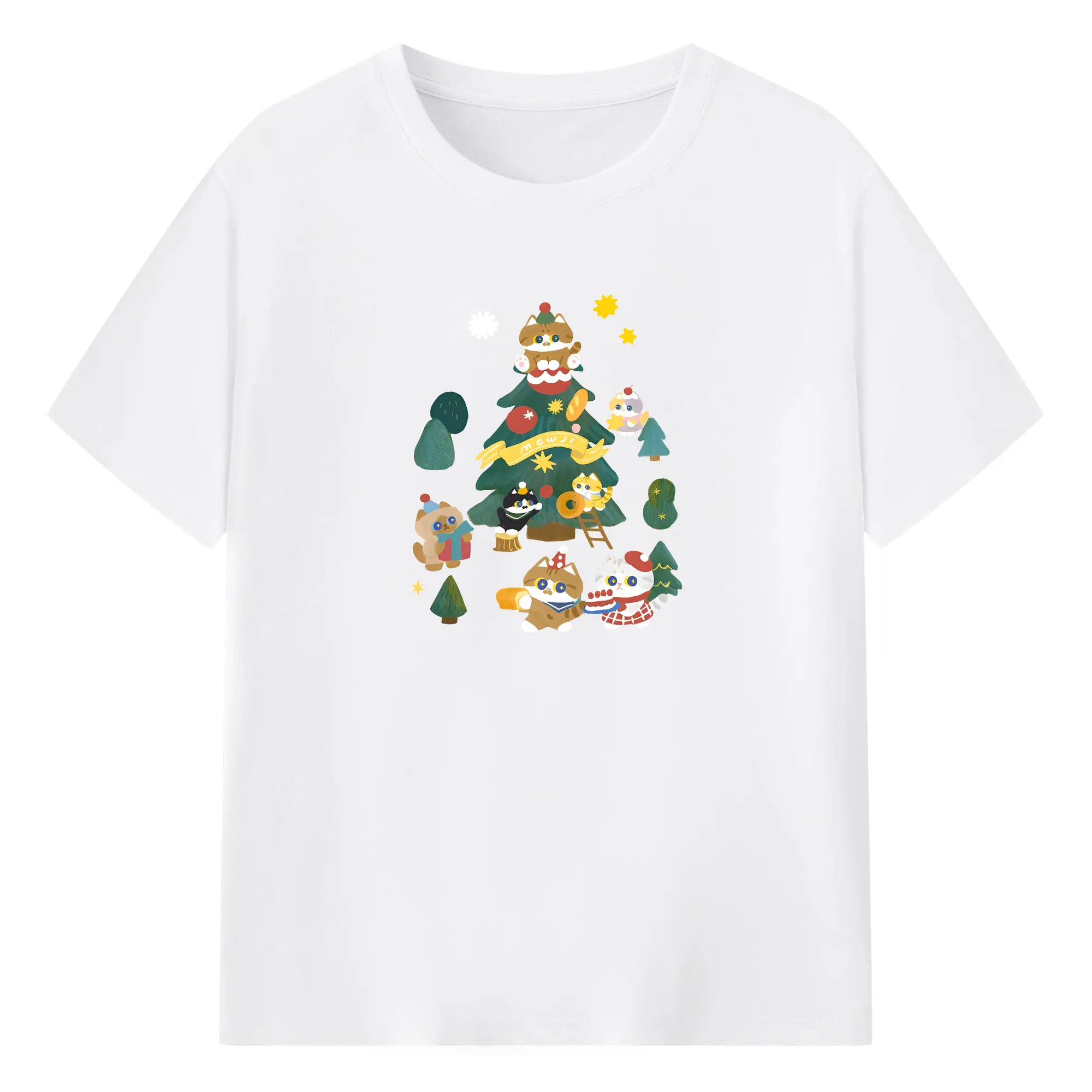 猫ちゃんとクリスマスツリー🎄 可愛い冬の癒しデザイン - 綿100％ 半袖Tシャツ ・ フロントプリント ・ 快適 通気性 ・ 日常使い 散歩 スポーツ用