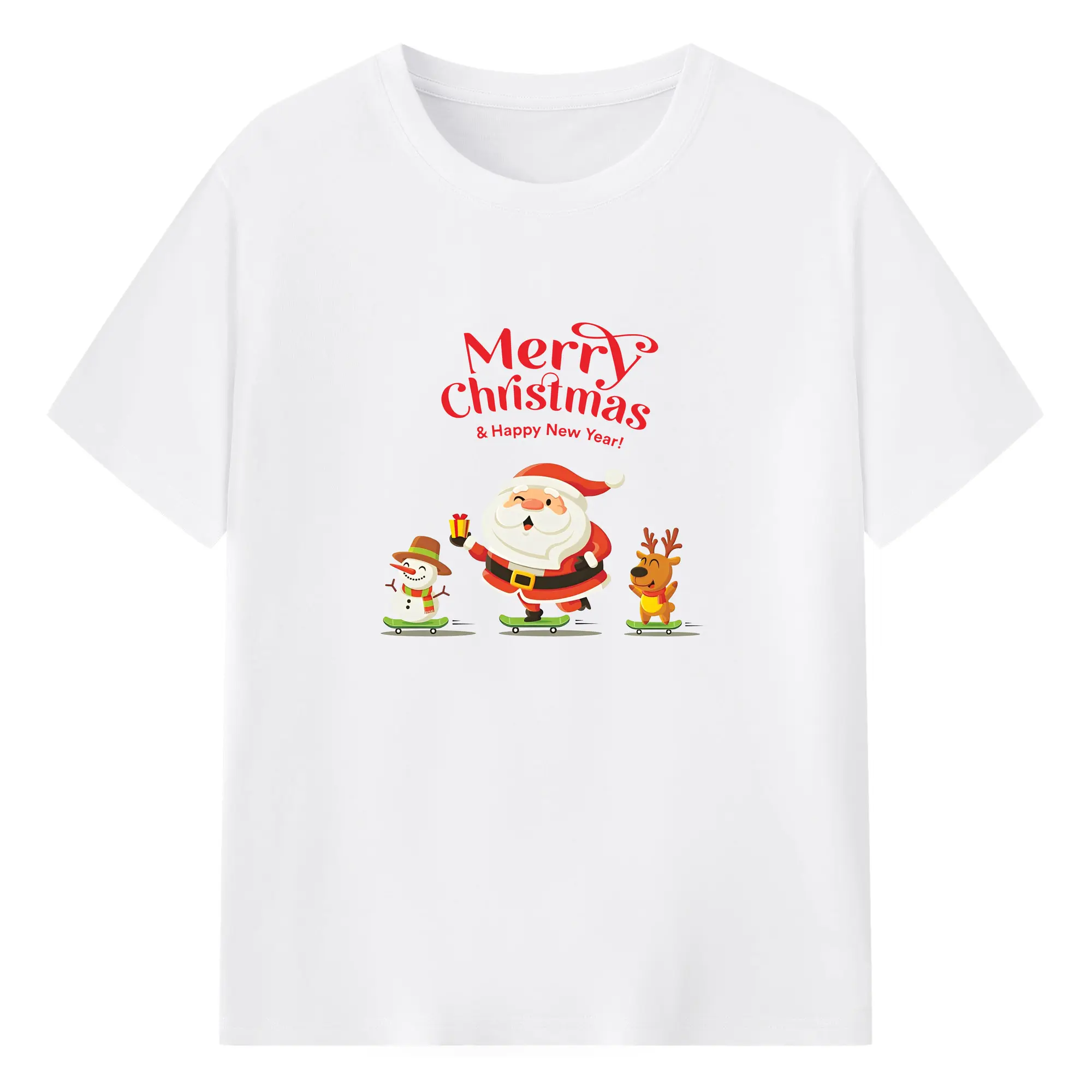 クリスマス2025🎄 サンタ＆トナカイ＆雪だるま＆Merry Christmas - 綿100％ 半袖Tシャツ ・ フロントプリント ・ 快適 通気性 ・ 日常使い 散歩 スポーツ用