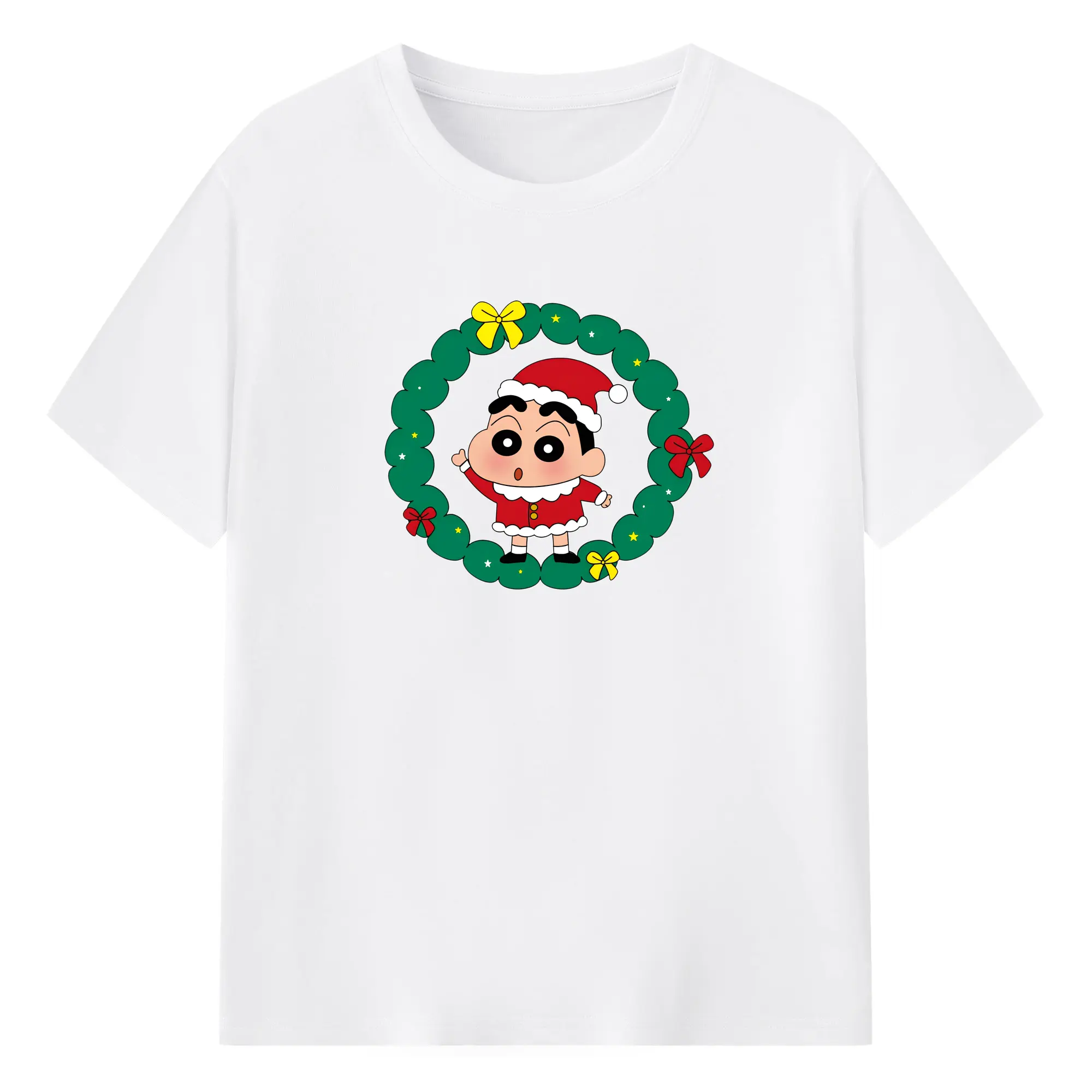 クレヨンしんちゃん クリスマスリース🎀 小新と花輪の可愛いデザイン - 綿100％ 半袖Tシャツ ・ フロントプリント ・ 快適 通気性 ・ 日常使い 散歩 スポーツ用