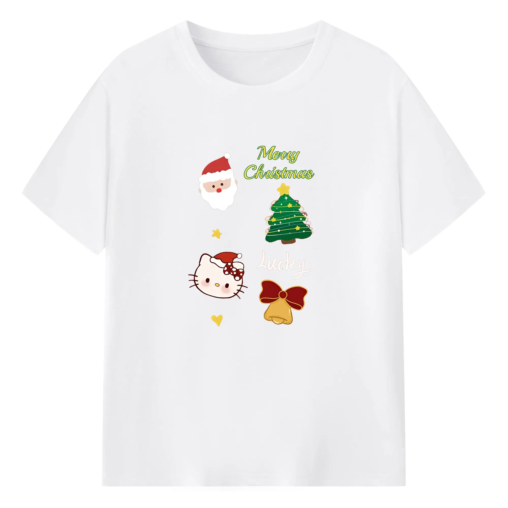 ハローキティ クリスマス限定🎄 サンタ×ツリーの可愛すぎる新作デザイン - 綿100％ 半袖Tシャツ ・ フロントプリント ・ 快適 通気性 ・ 日常使い 散歩 スポーツ用