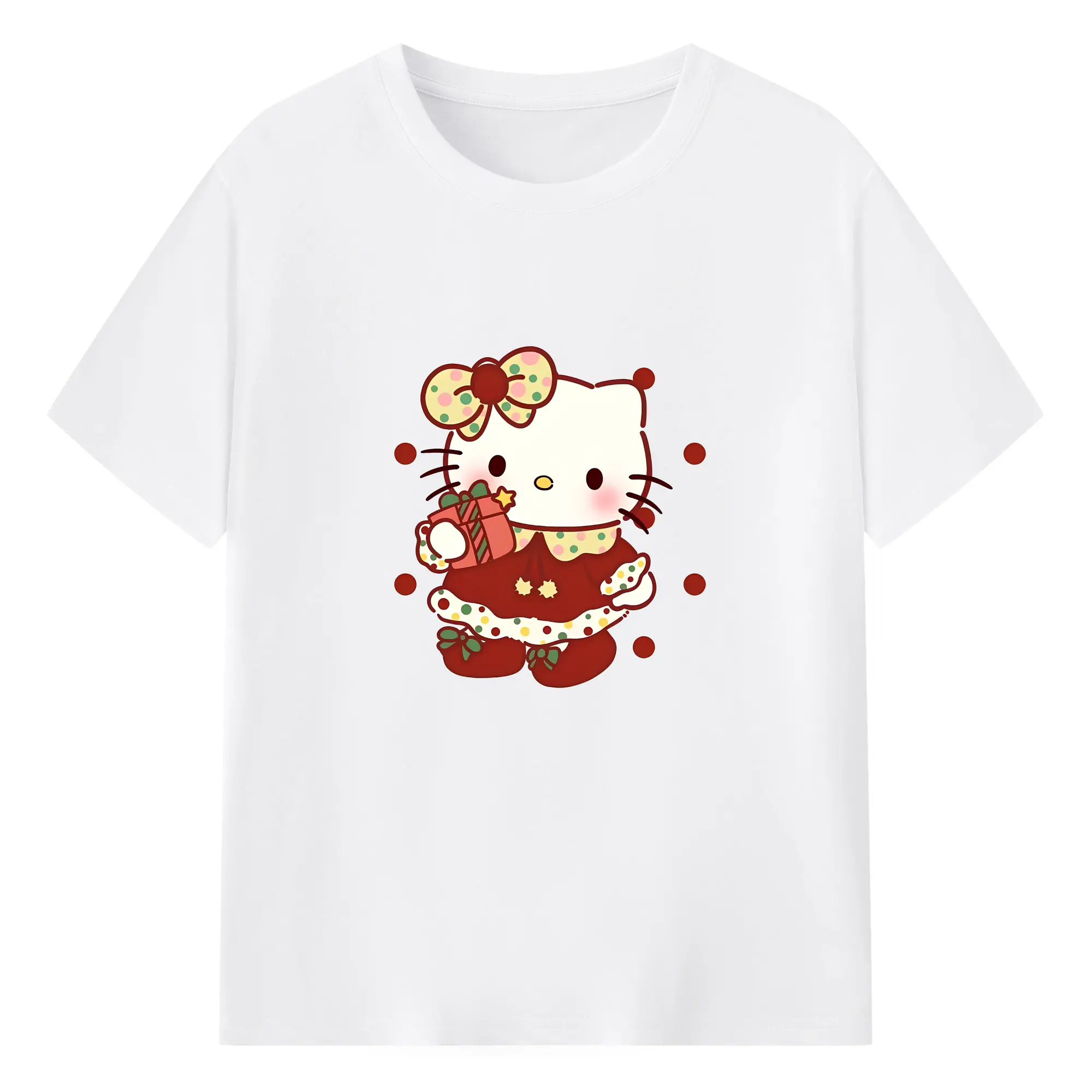 ハローキティ クリスマス雰囲気満点🎀 冬季トレンド急上昇デザイン - 綿100％ 半袖Tシャツ ・ フロントプリント ・ 快適 通気性 ・ 日常使い 散歩 スポーツ用