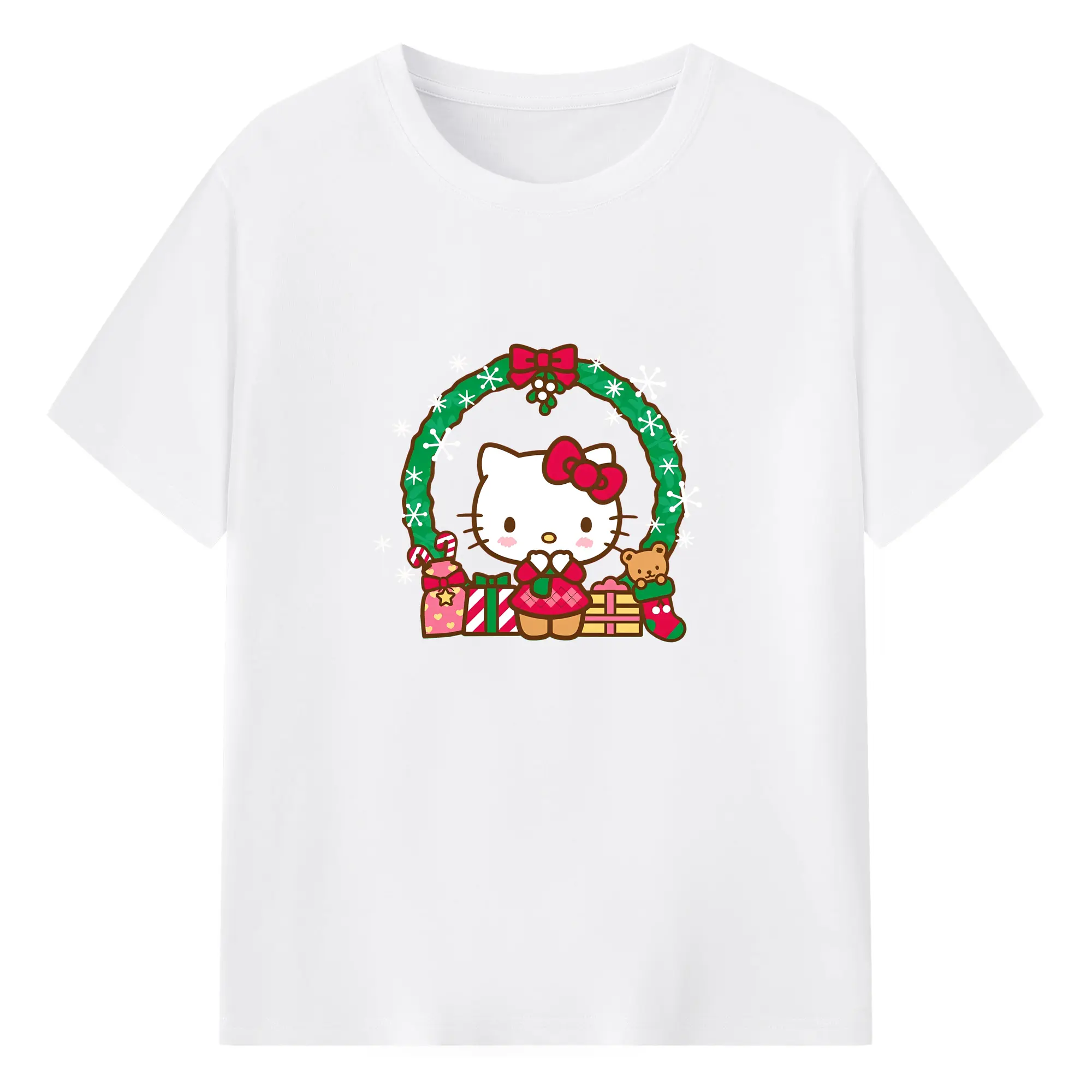 ハローキティ クリスマス2025✨ サンタ風×花輪デコレーション - 綿100％ 半袖Tシャツ ・ フロントプリント ・ 快適 通気性 ・ 日常使い 散歩 スポーツ用